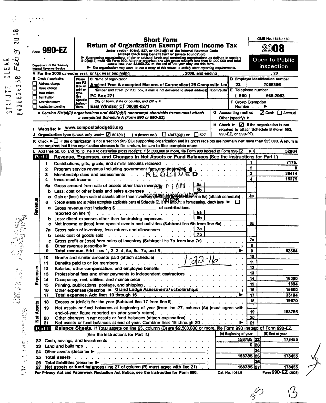 Image of first page of 2008 Form 990EO for Ancient Free and Accepted Masons of Connecticut / 28 Composite Lodge