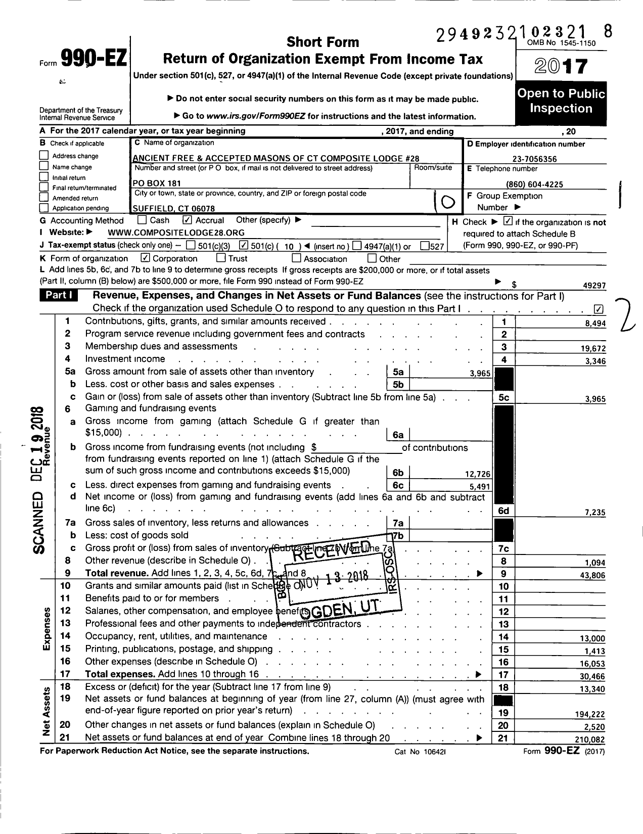 Image of first page of 2017 Form 990EO for Ancient Free and Accepted Masons of Connecticut / 28 Composite Lodge