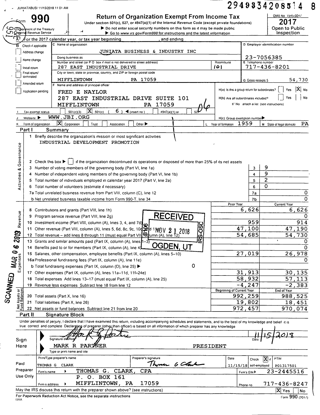 Image of first page of 2017 Form 990O for Juniata Business and Industry