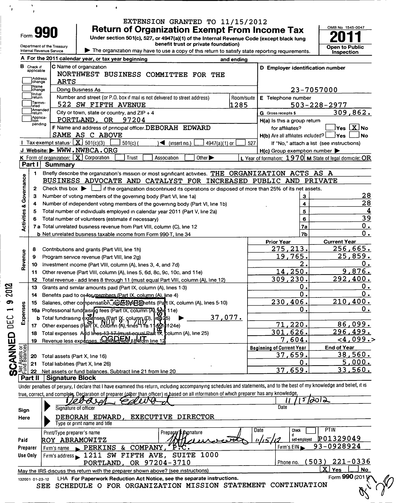 Image of first page of 2011 Form 990 for Northwest Business Committee for the Arts