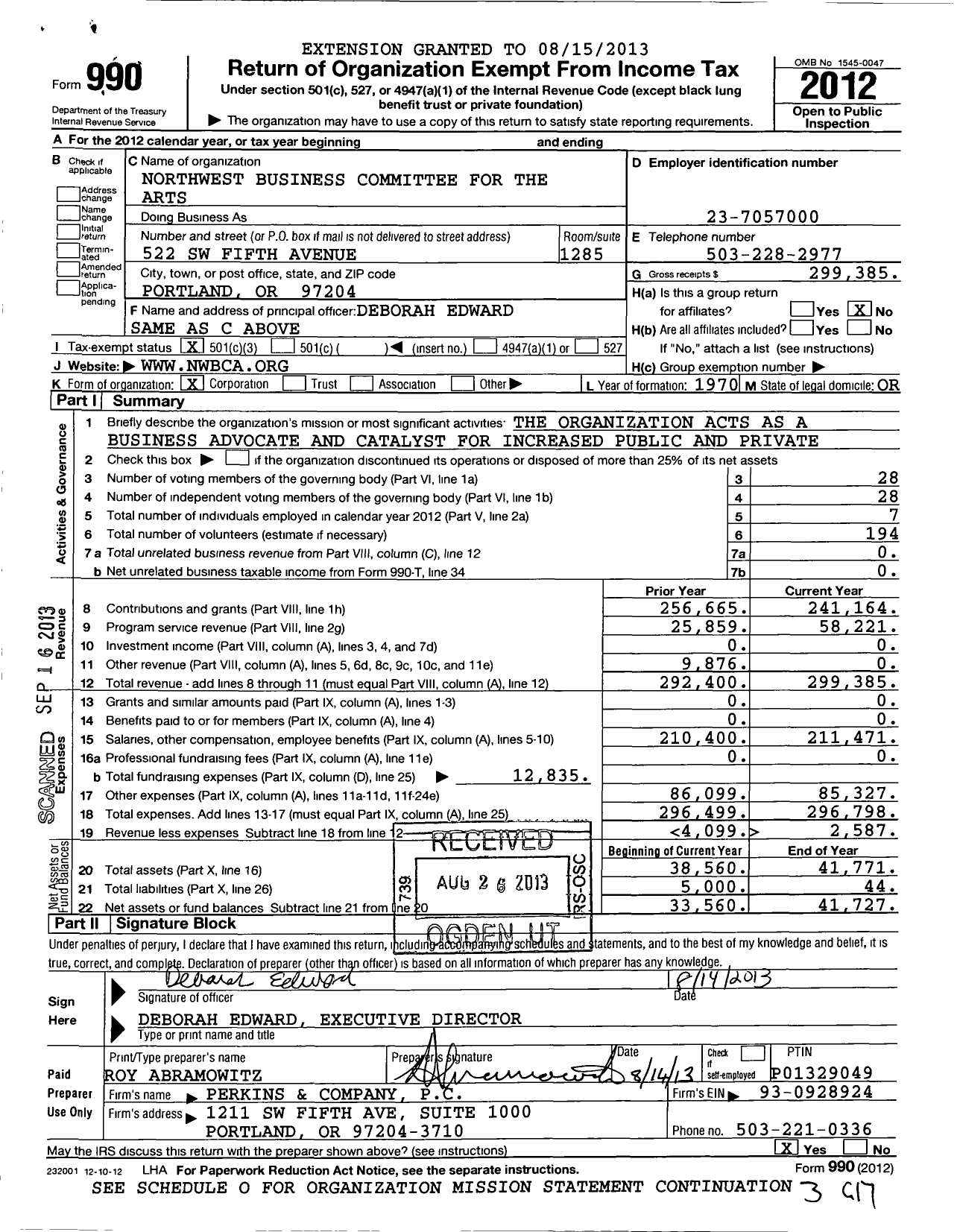 Image of first page of 2012 Form 990 for Northwest Business Committee for the Arts