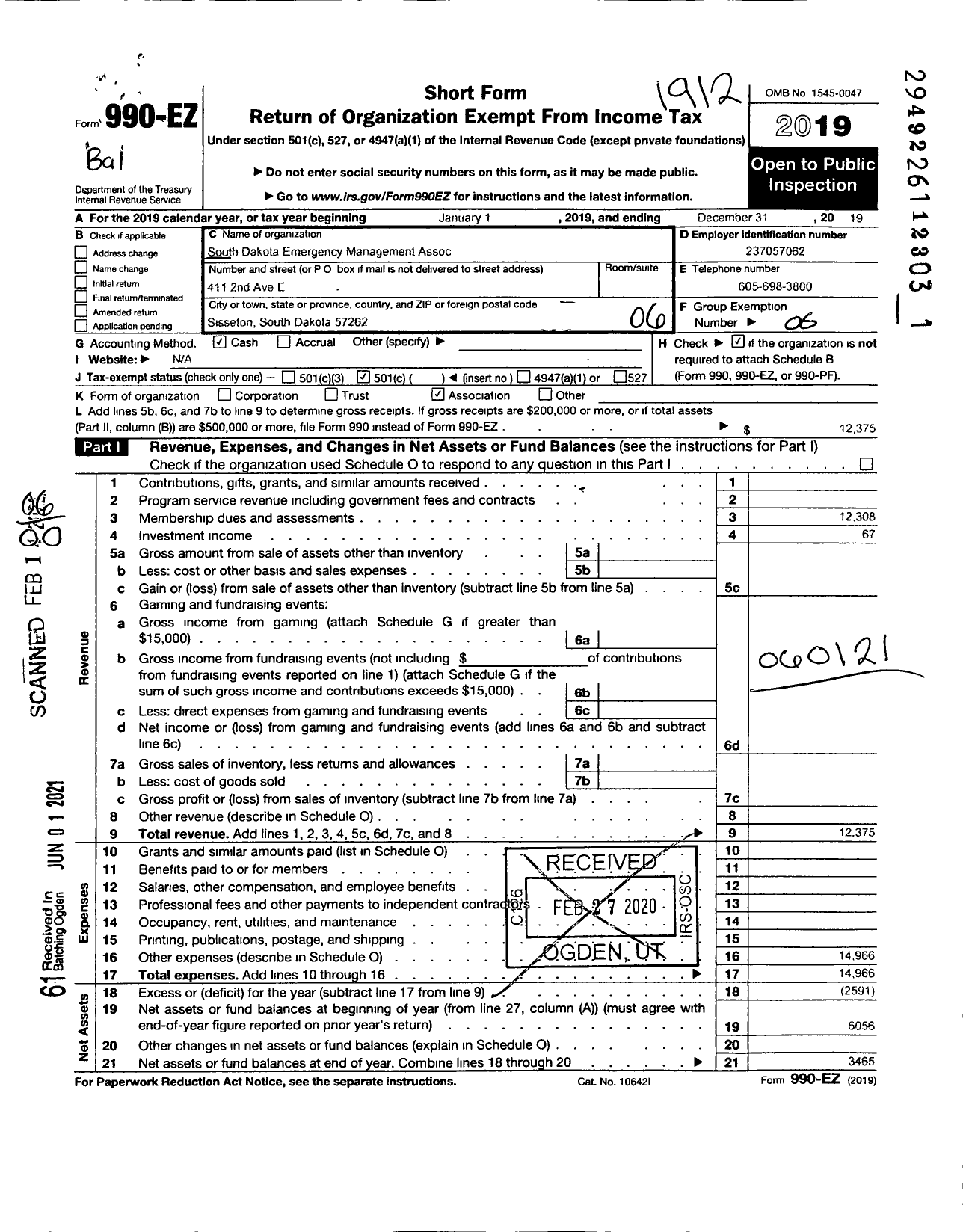 Image of first page of 2019 Form 990EO for South Dakota Emergency Management Association