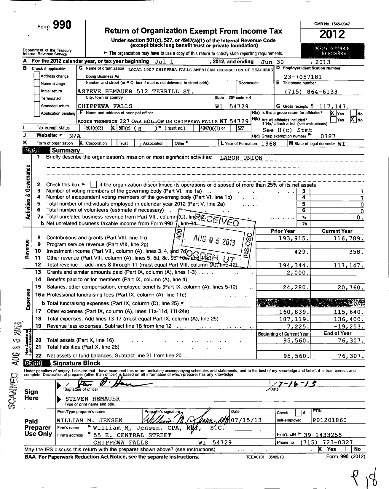 Image of first page of 2012 Form 990O for American Federation of Teachers