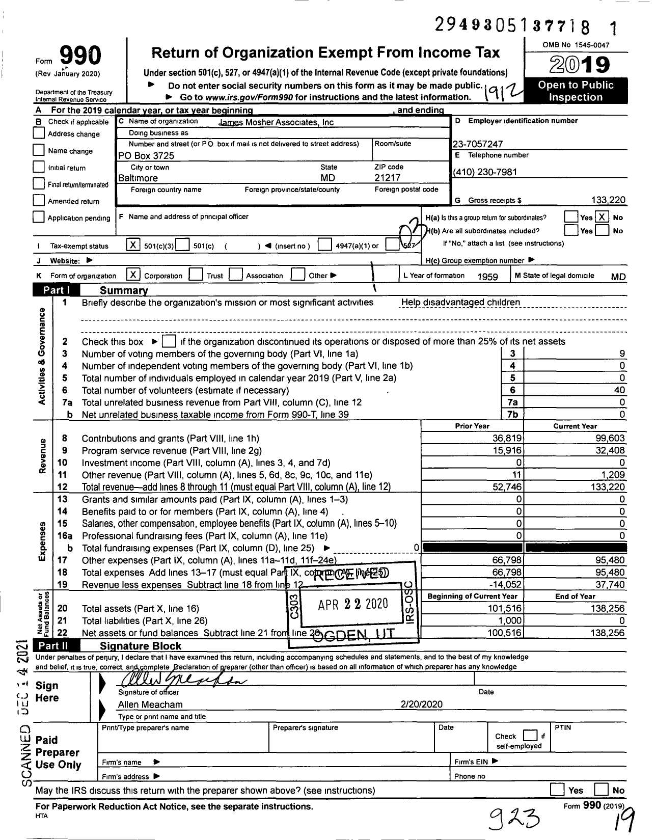 Image of first page of 2019 Form 990 for James Mosher Associates