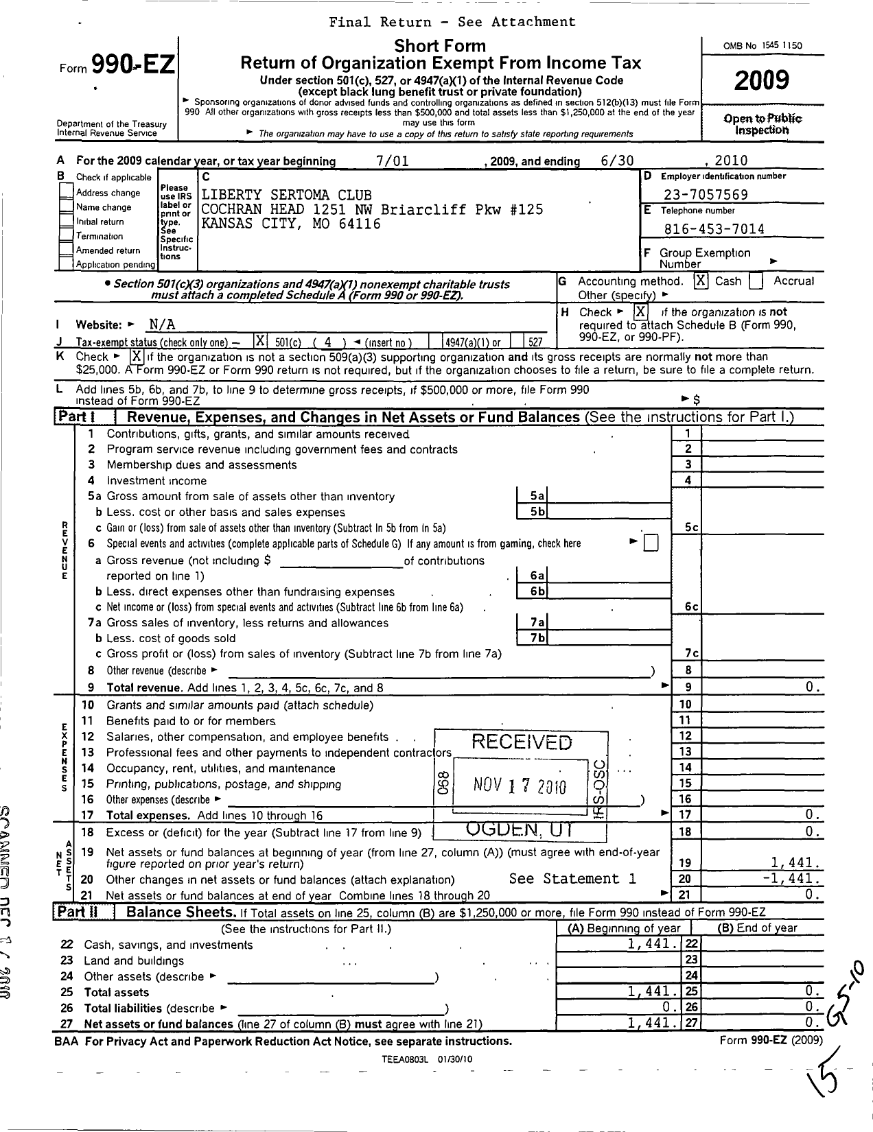 Image of first page of 2009 Form 990EO for Liberty Sertoma Club