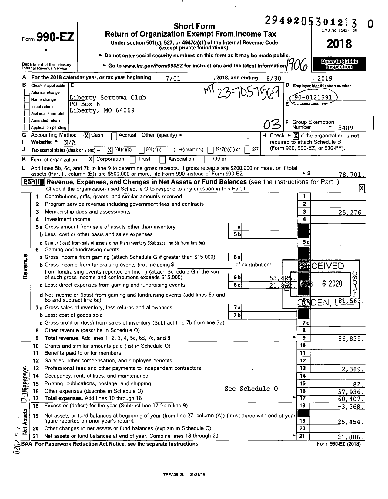 Image of first page of 2018 Form 990EZ for Liberty Sertoma Club