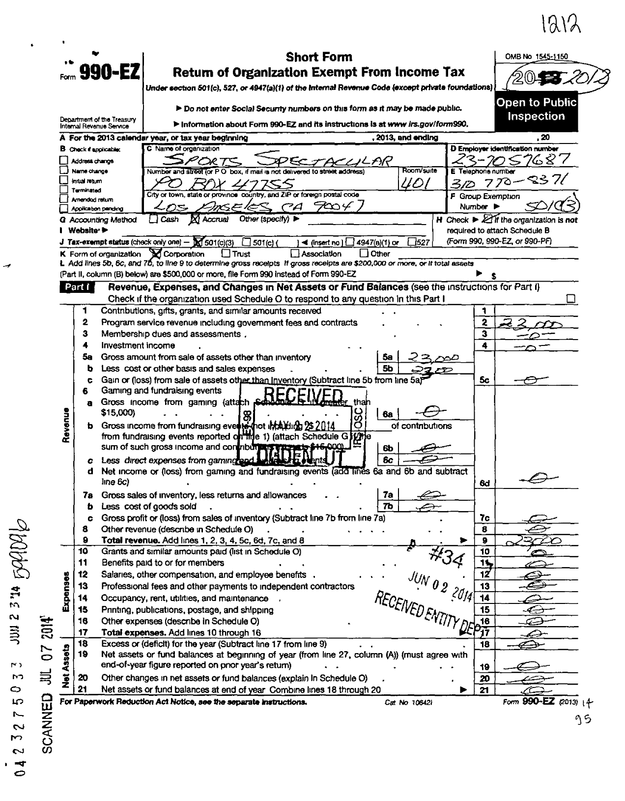 Image of first page of 2012 Form 990EZ for Sports Spectacular