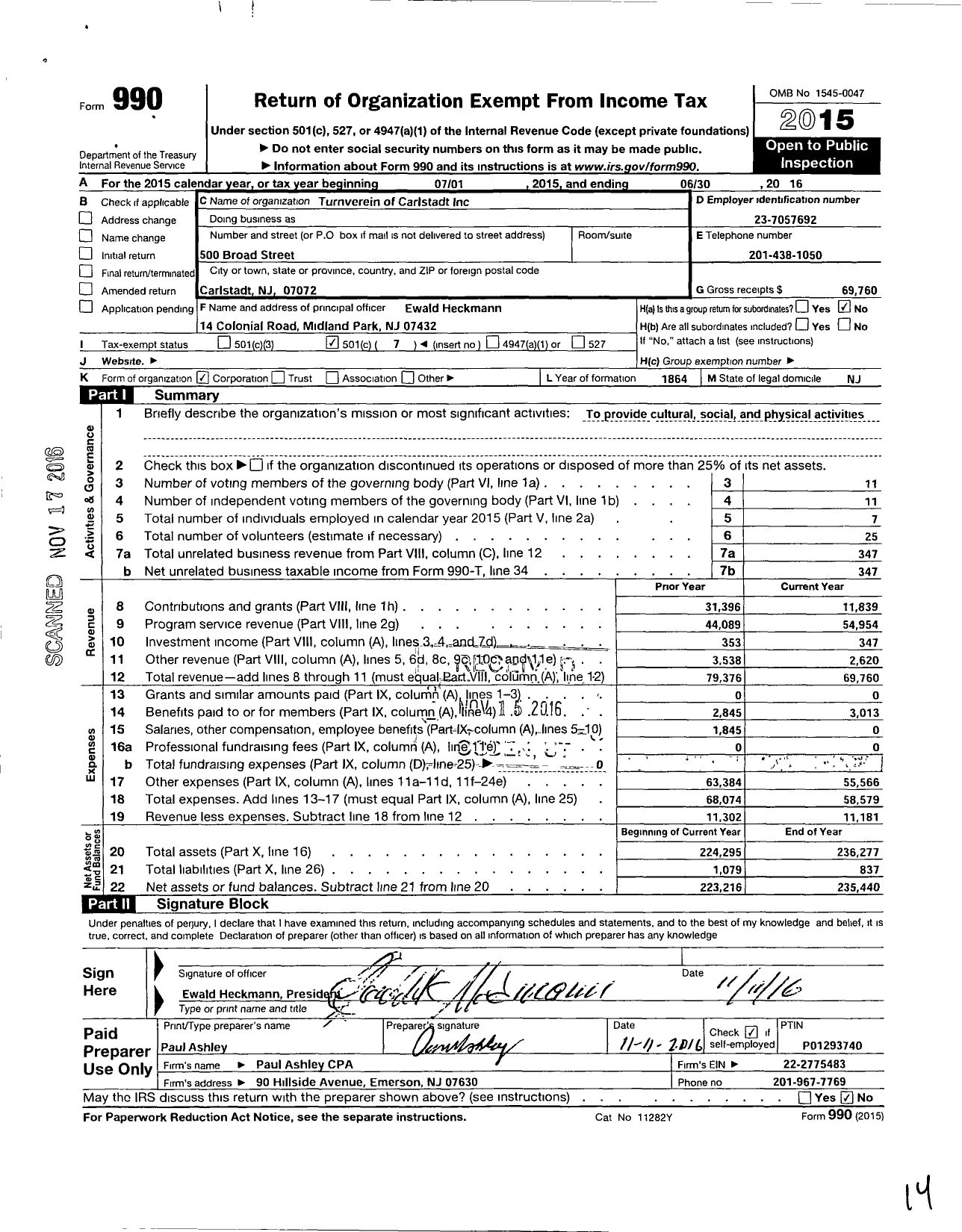 Image of first page of 2015 Form 990O for Carlstadt Turnverein