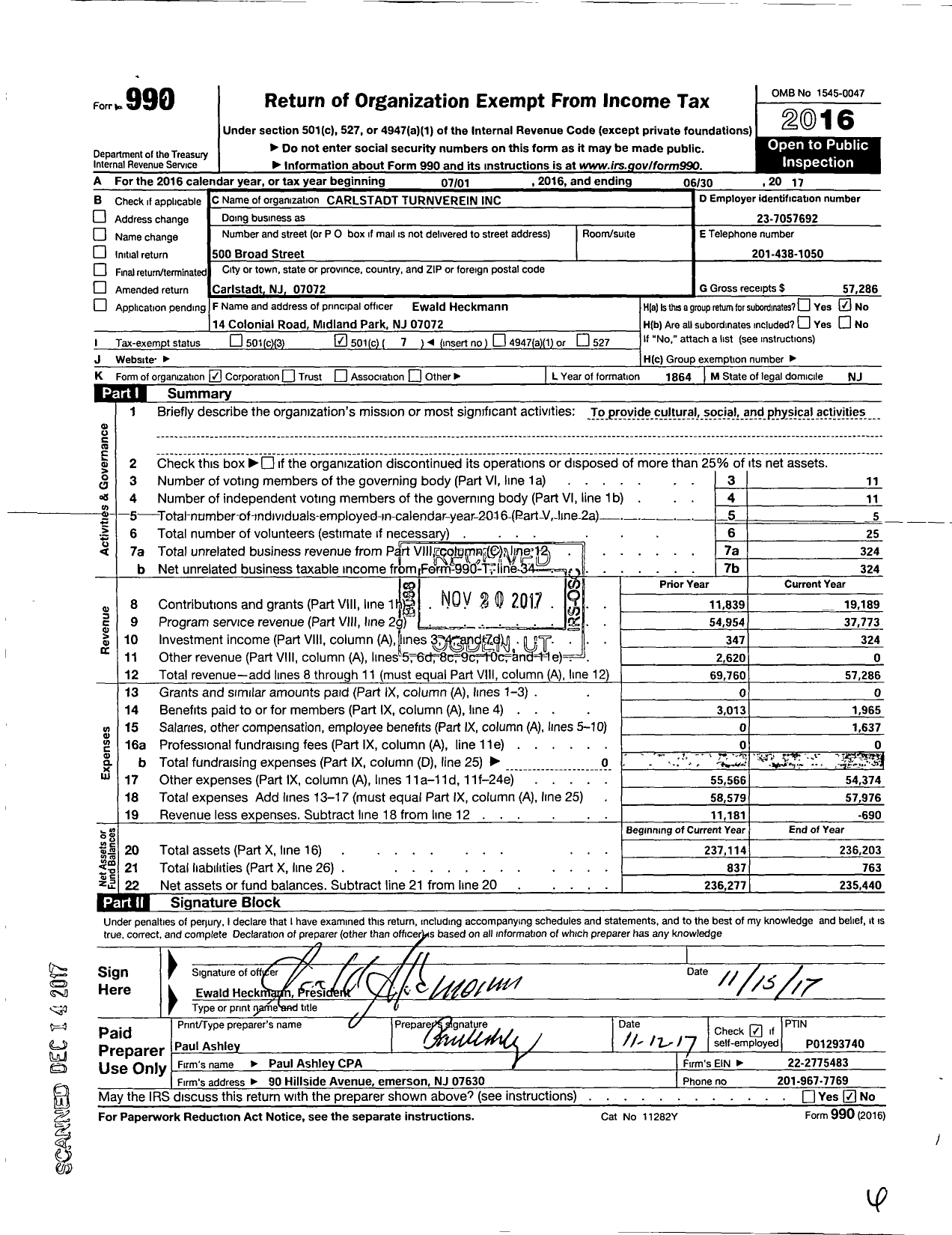 Image of first page of 2016 Form 990O for Carlstadt Turnverein