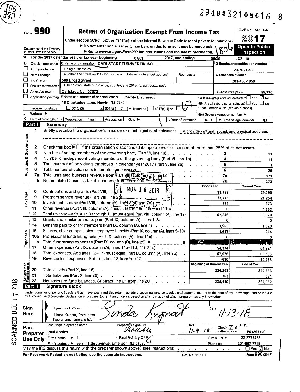 Image of first page of 2017 Form 990O for Carlstadt Turnverein