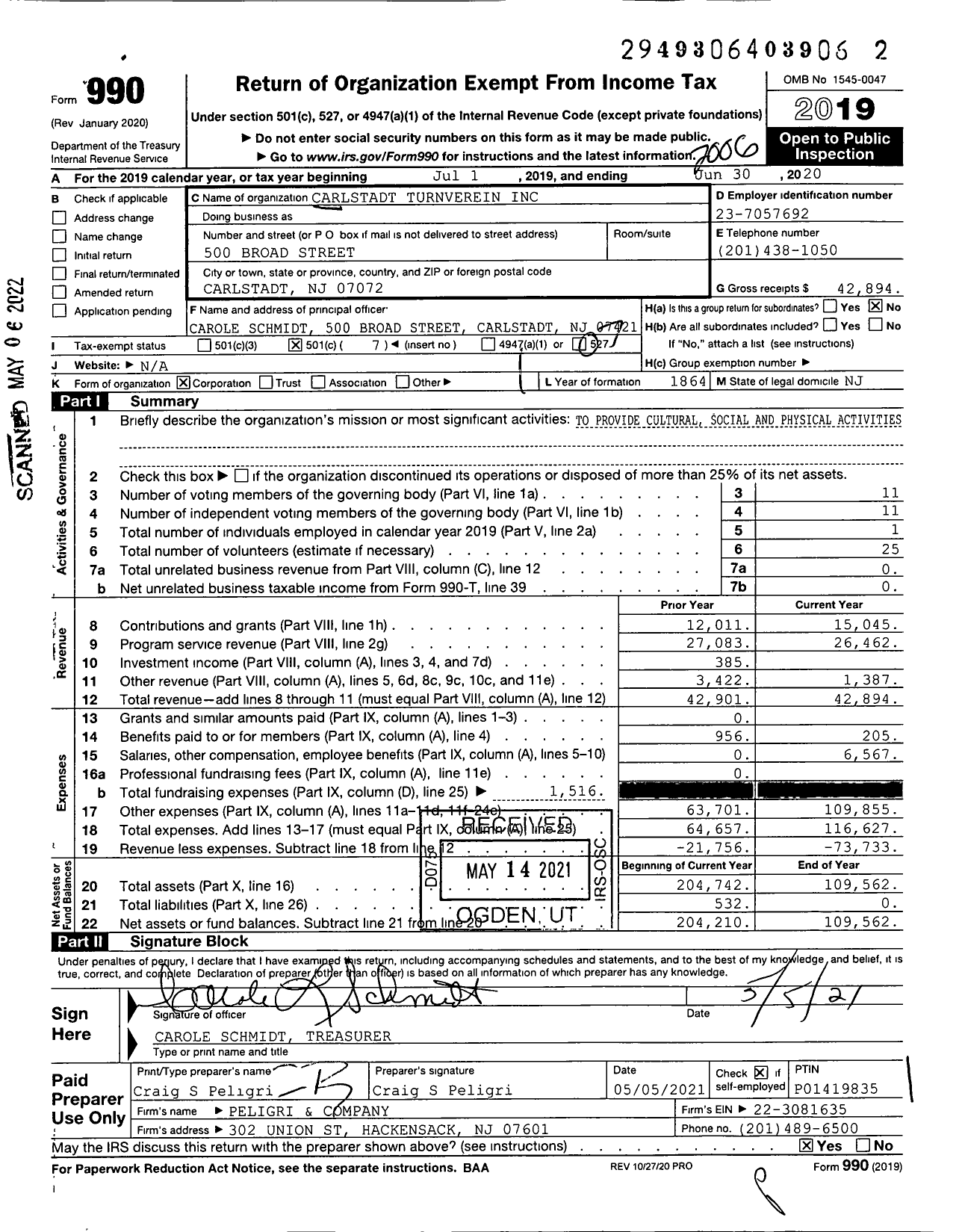 Image of first page of 2019 Form 990O for Carlstadt Turnverein