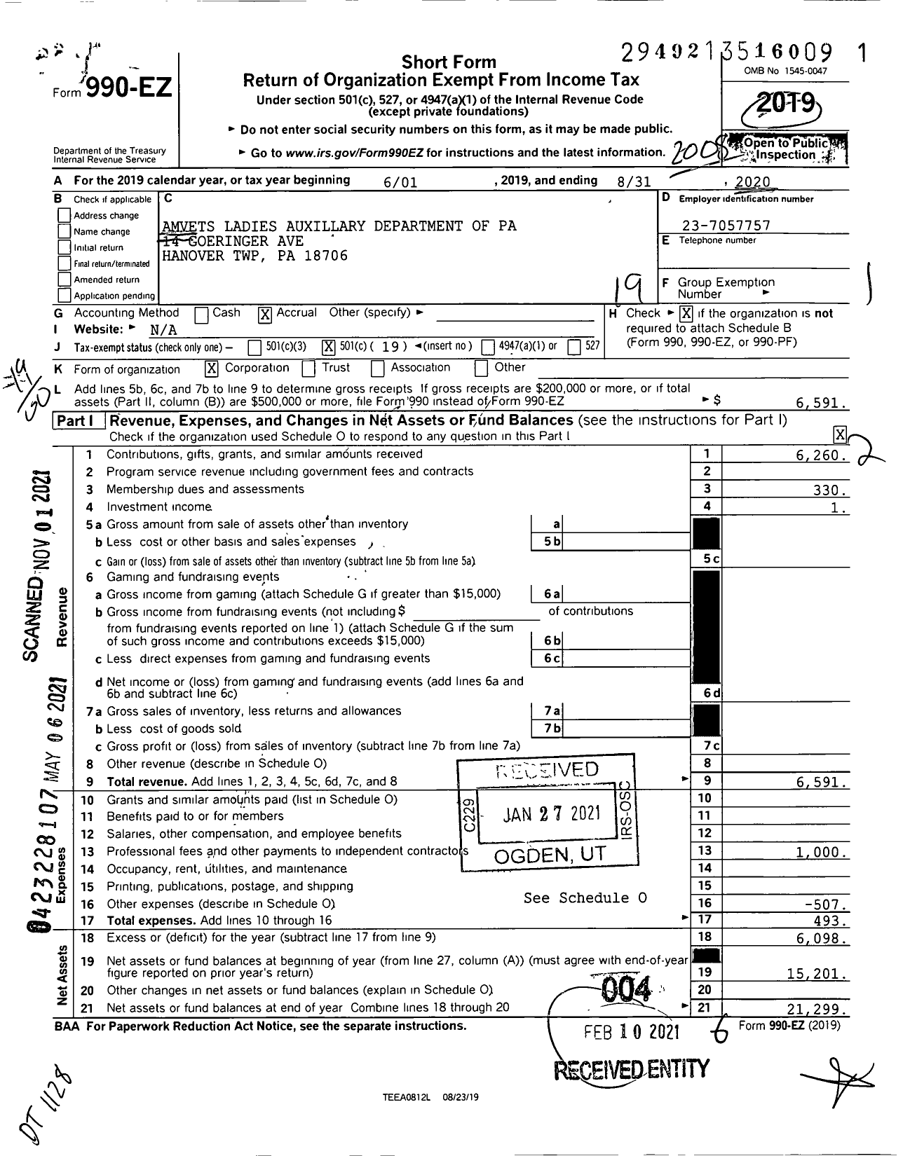 Image of first page of 2019 Form 990EO for Amvets - Department of Pa