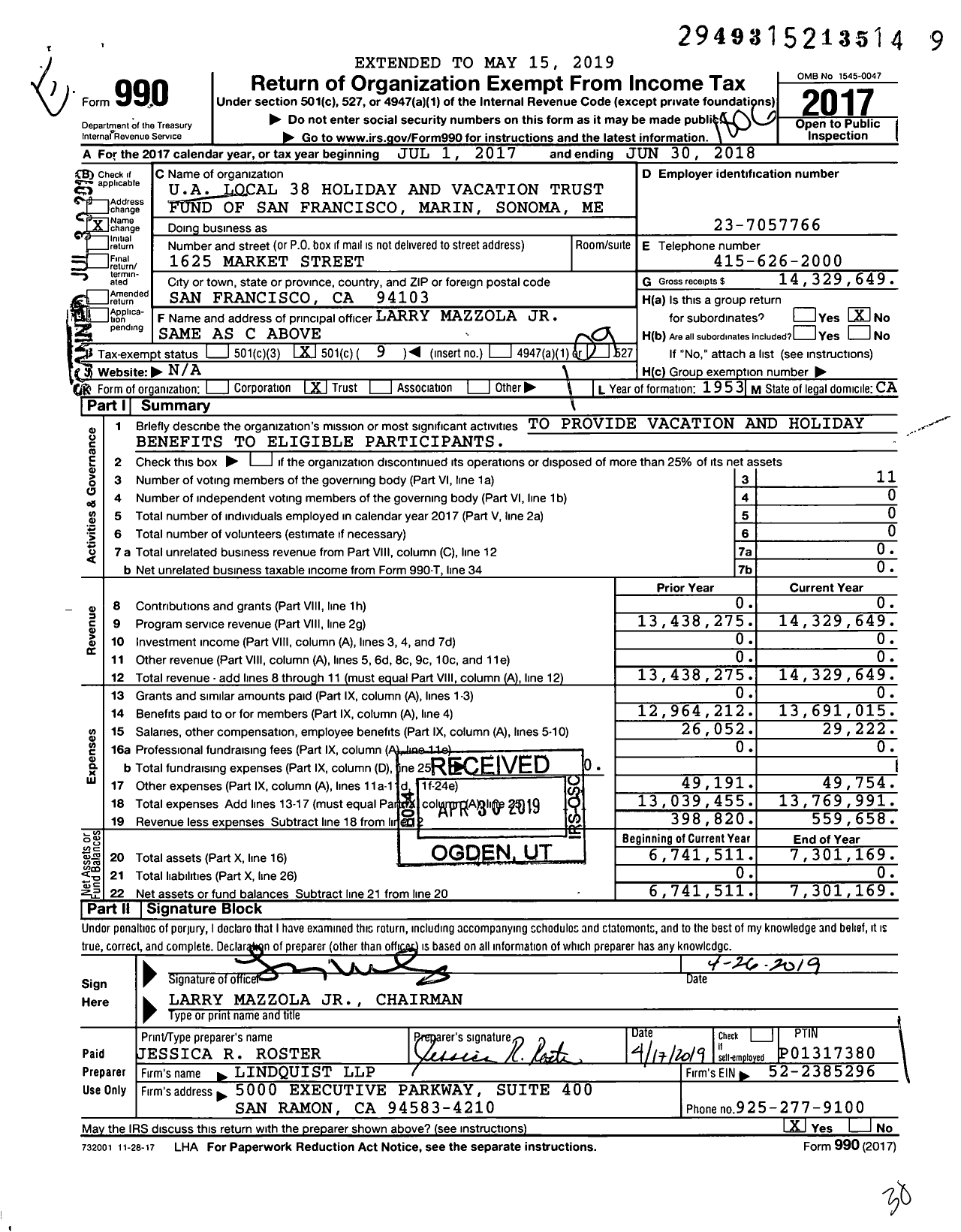 Image of first page of 2017 Form 990O for UA Local 38 Holiday and Vacation Trust Fund of San Francisco Marin Sonoma Me