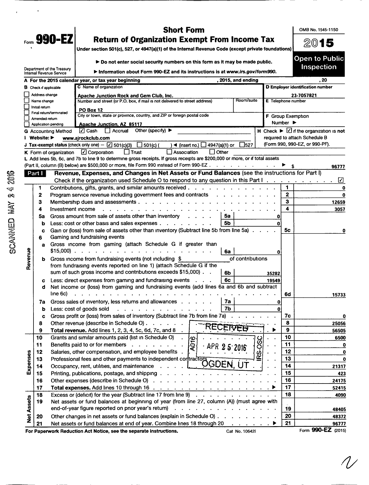 Image of first page of 2015 Form 990EZ for Apache Junction Gem and Rock Club