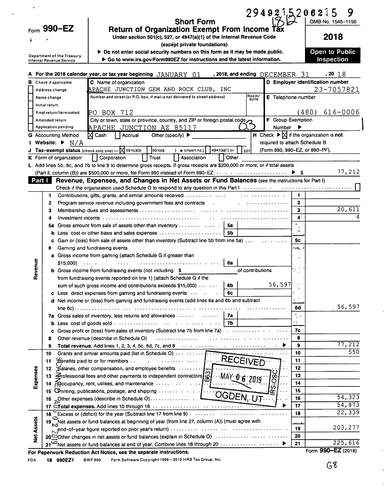 Image of first page of 2018 Form 990EZ for Apache Junction Gem and Rock Club