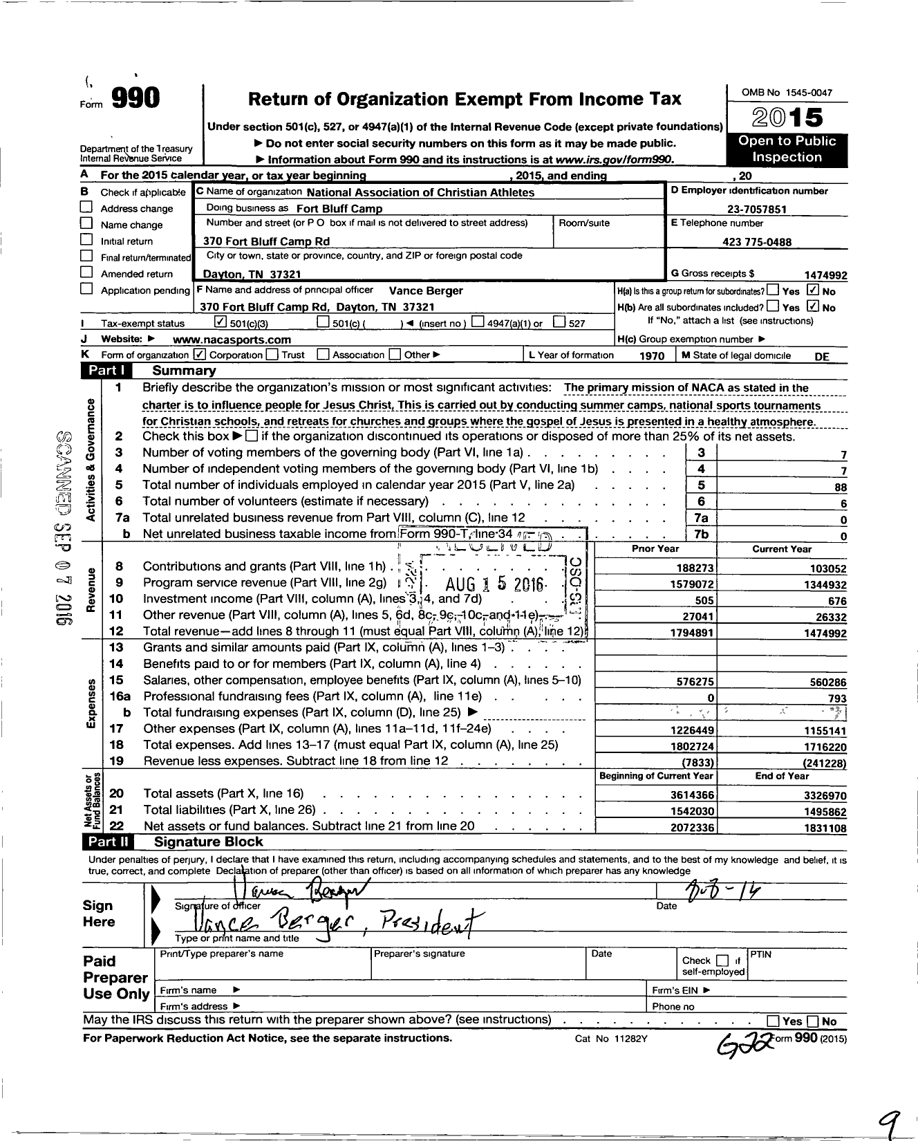 Image of first page of 2015 Form 990 for Fort Bluff Camp (FBC)