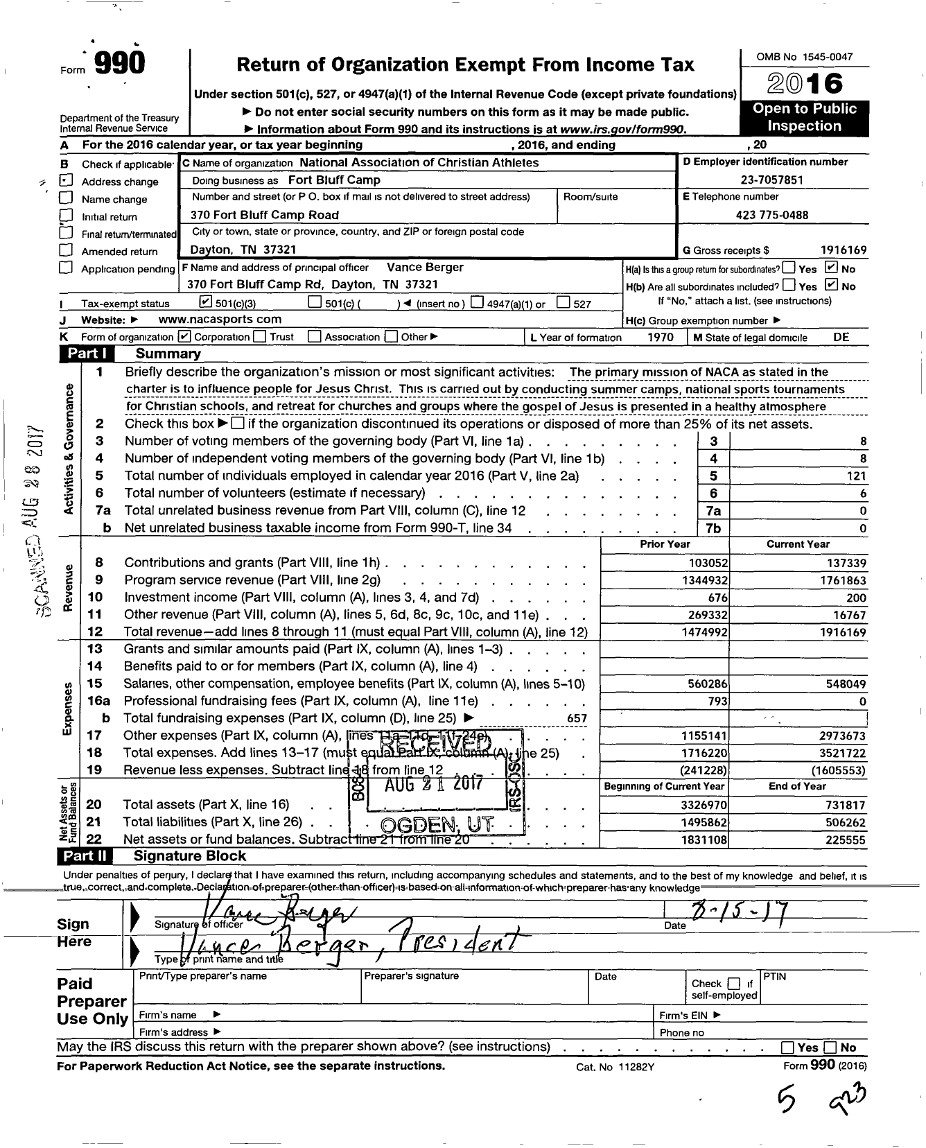 Image of first page of 2016 Form 990 for Fort Bluff Camp (FBC)