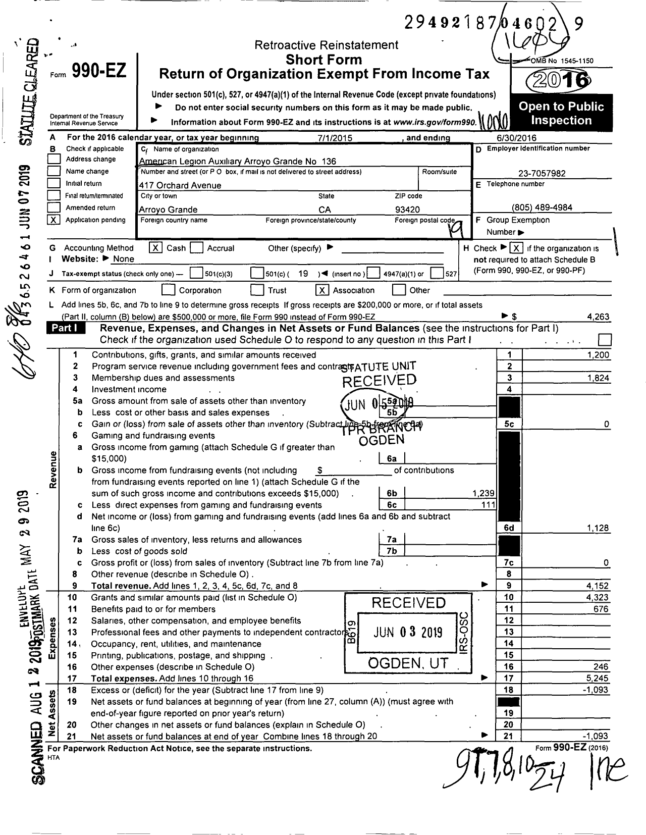 Image of first page of 2015 Form 990EO for American Legion Auxiliary Arroyo Grande No 136