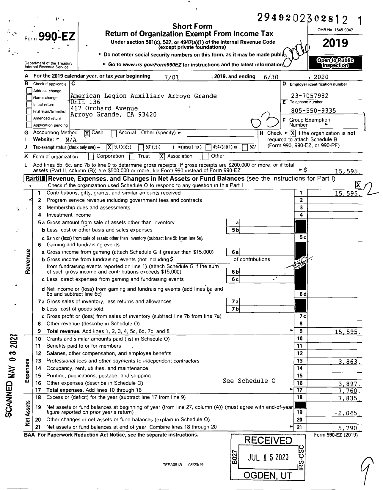 Image of first page of 2019 Form 990EZ for American Legion Auxiliary Arroyo Grande No 136