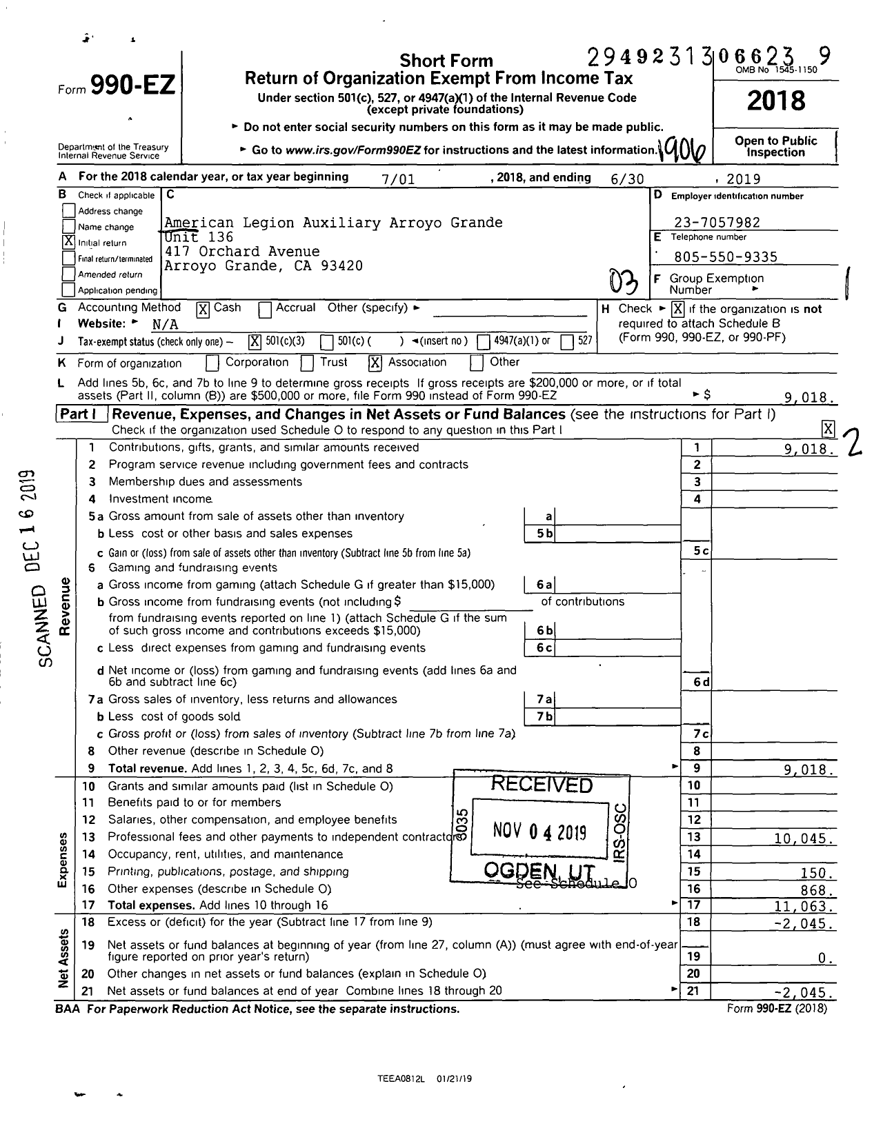 Image of first page of 2018 Form 990EZ for American Legion Auxiliary Arroyo Grande No 136