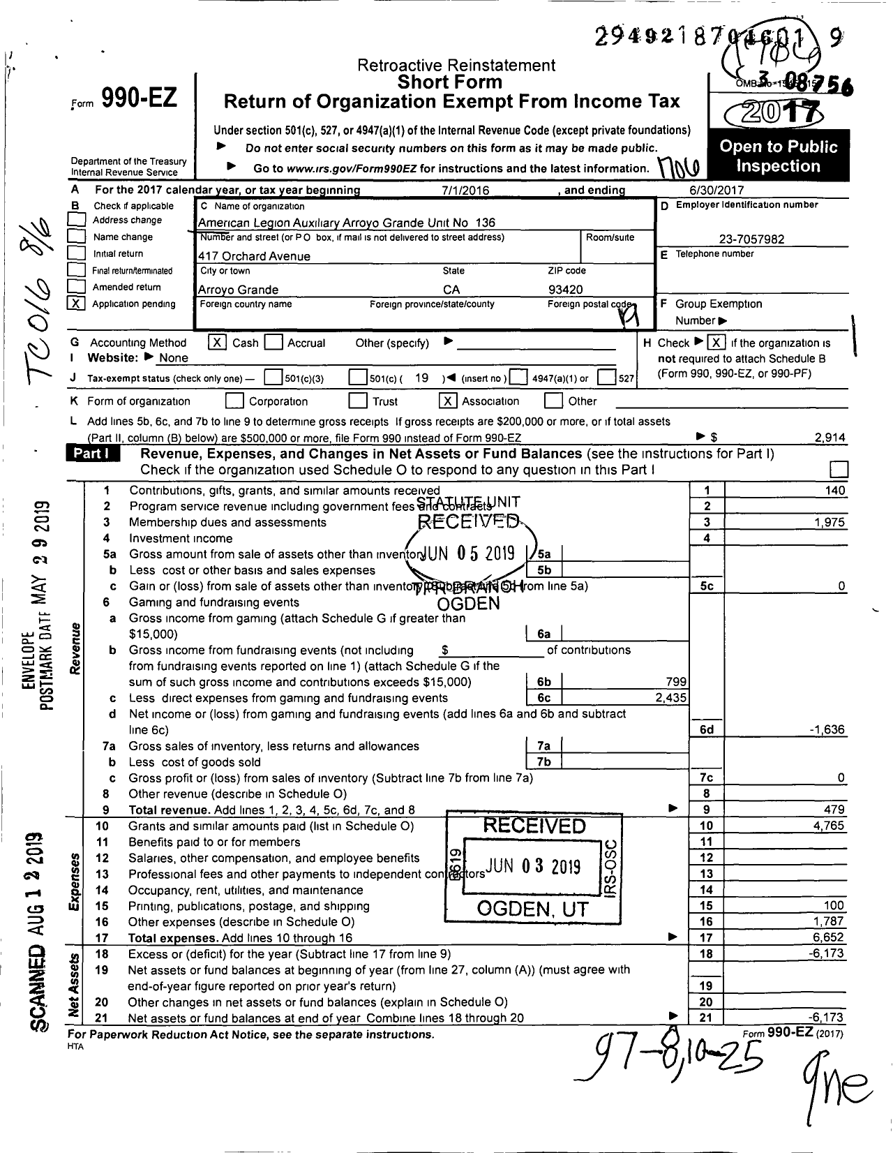 Image of first page of 2016 Form 990EO for American Legion Auxiliary Arroyo Grande No 136