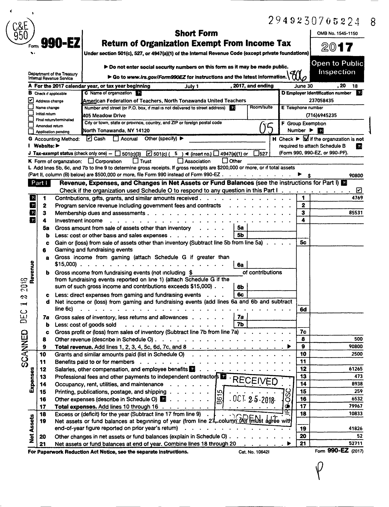 Image of first page of 2017 Form 990EO for AMERICAN FEDERATION OF TEACHERS - 2882 North Tonawanda United Teacher