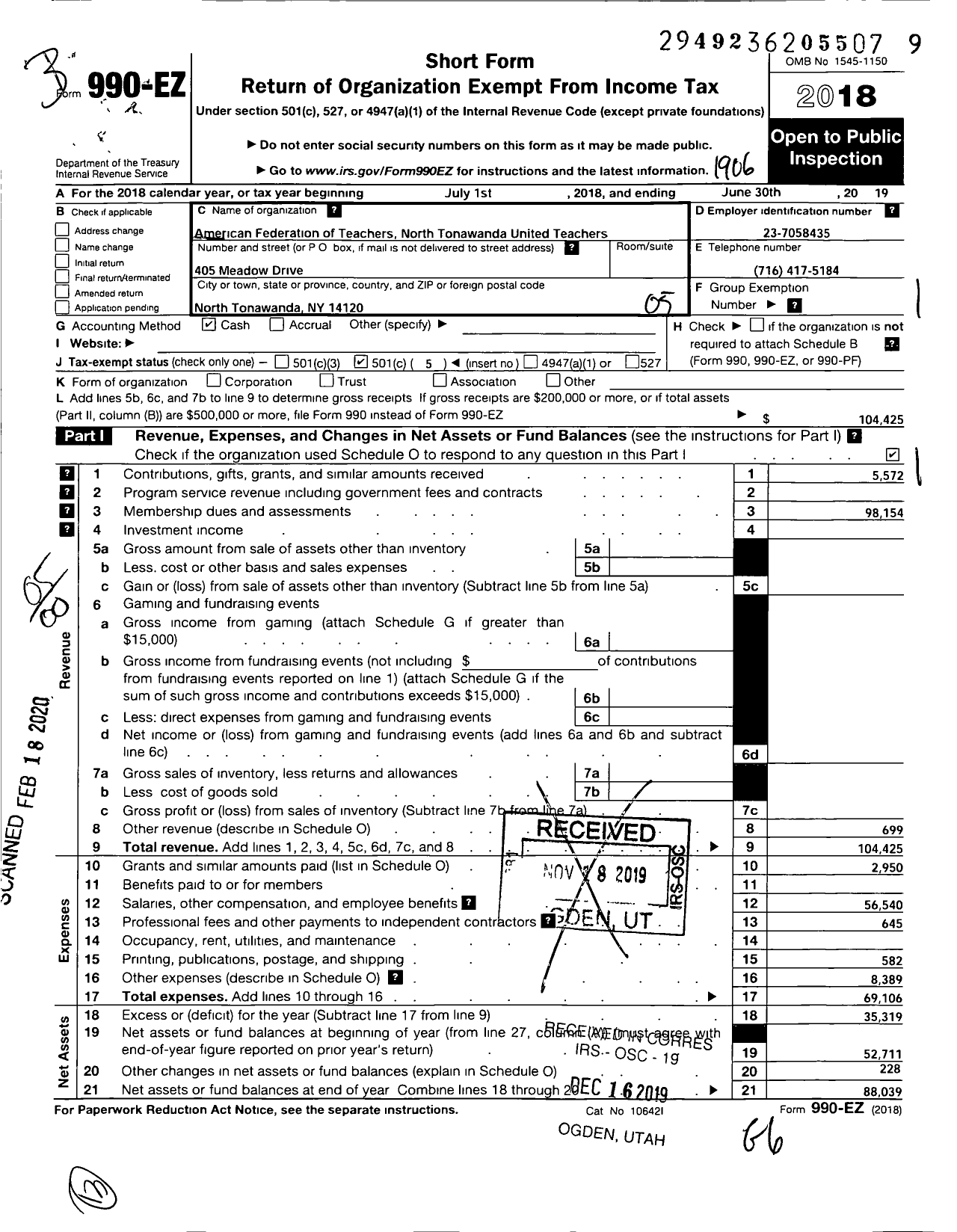 Image of first page of 2018 Form 990EO for AMERICAN FEDERATION OF TEACHERS - 2882 North Tonawanda United Teacher