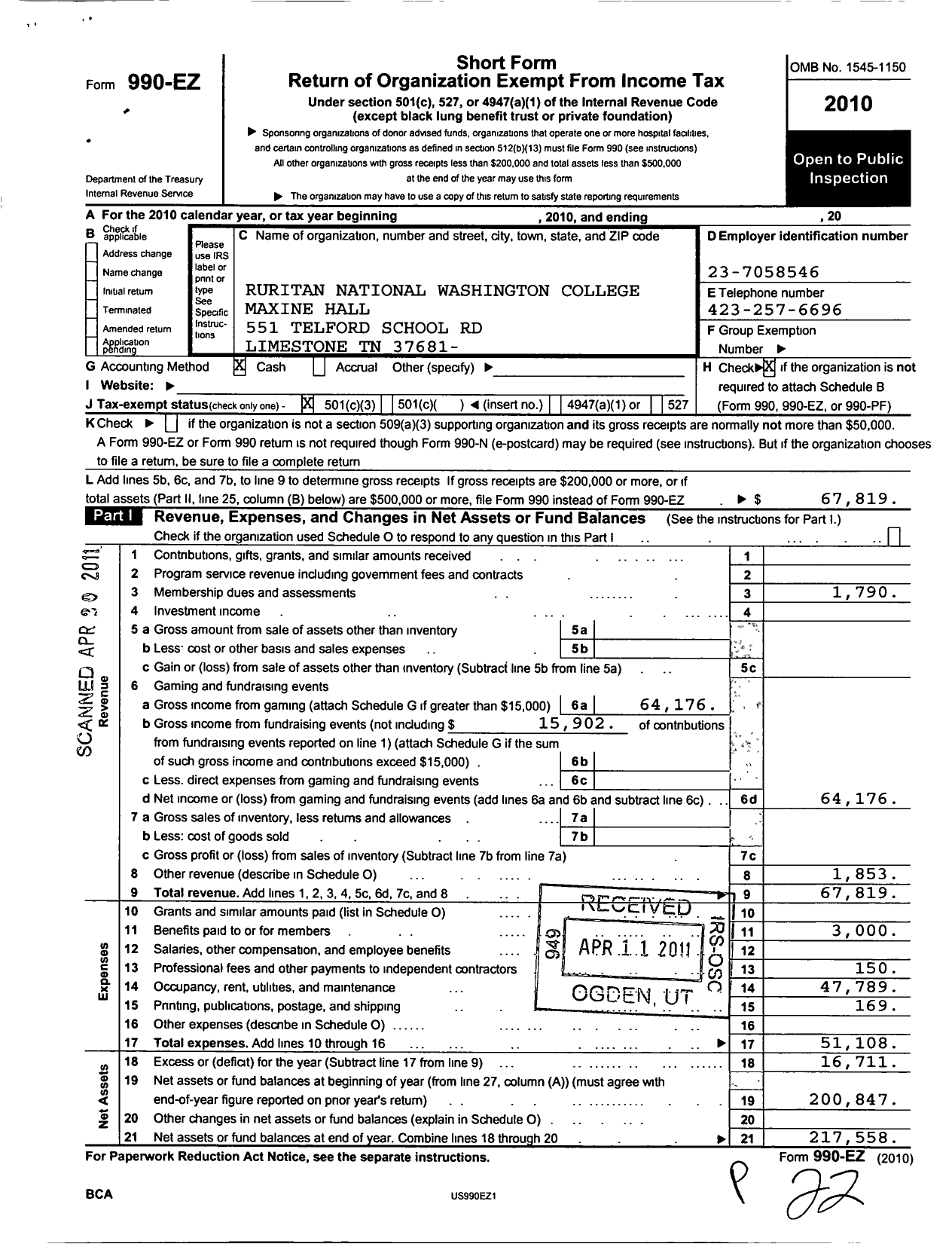 Image of first page of 2010 Form 990EZ for Ruritan - Washington College