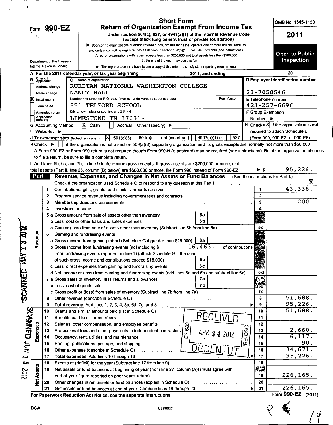 Image of first page of 2011 Form 990EZ for Ruritan - Washington College