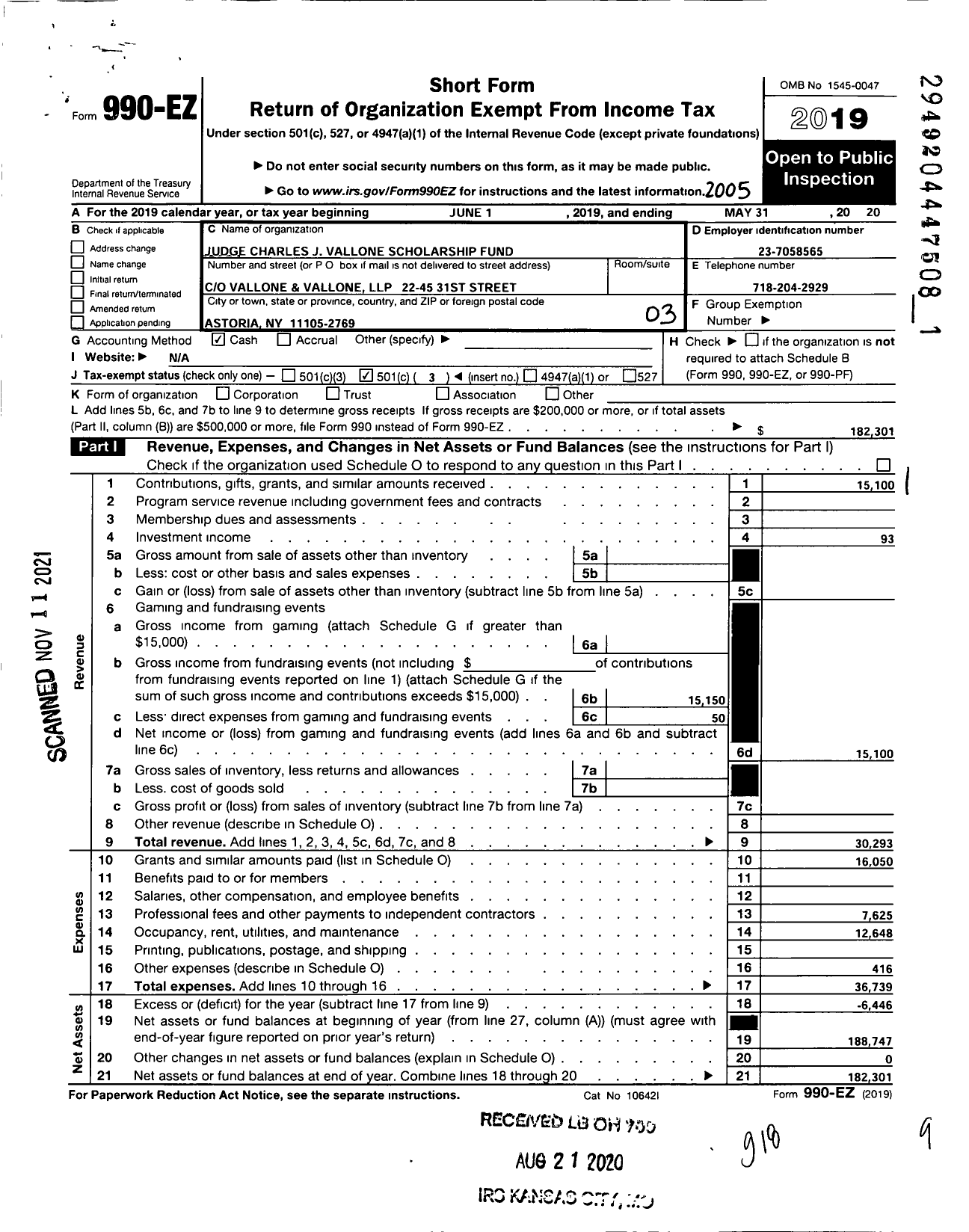 Image of first page of 2019 Form 990EZ for Judge Charles J Vallone Scholarship Fund