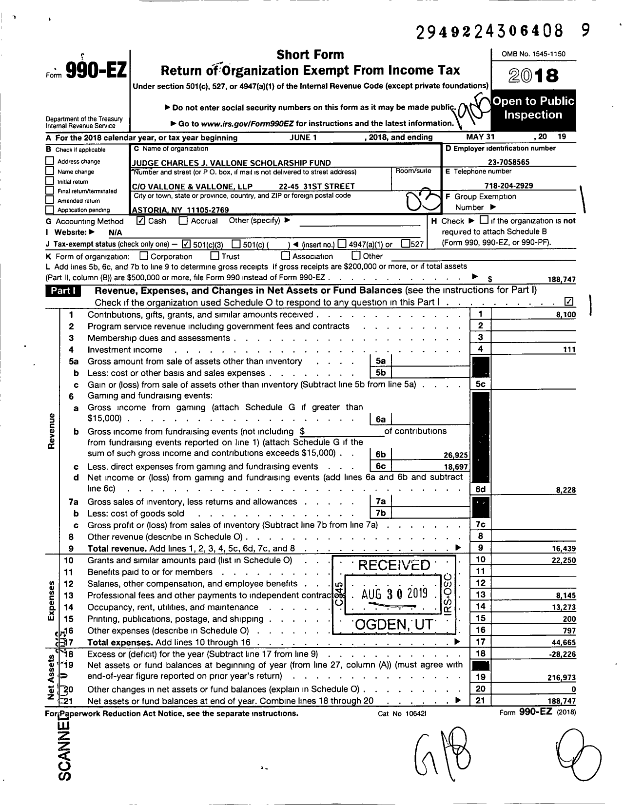 Image of first page of 2018 Form 990EZ for Judge Charles J Vallone Scholarship Fund