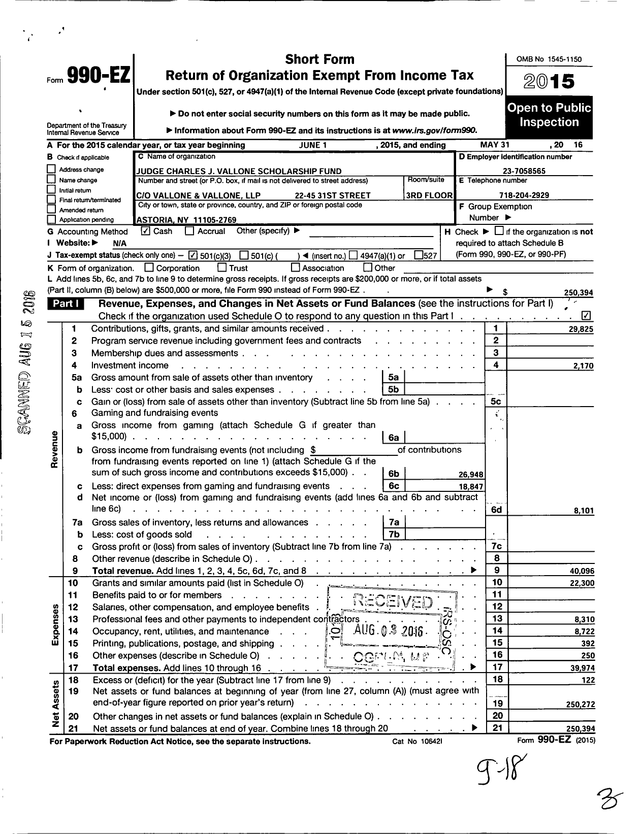 Image of first page of 2015 Form 990EZ for Judge Charles J Vallone Scholarship Fund