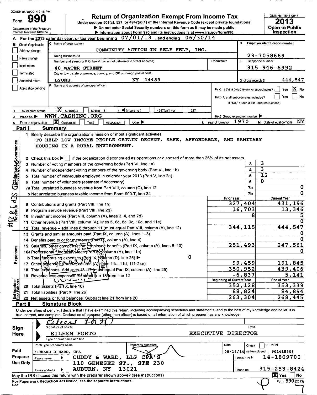 Image of first page of 2013 Form 990 for Community Action in Self Help