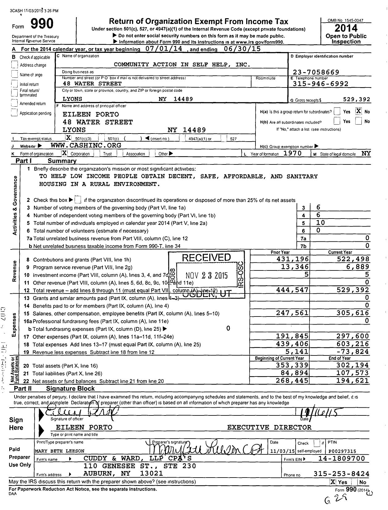 Image of first page of 2014 Form 990 for Community Action in Self Help