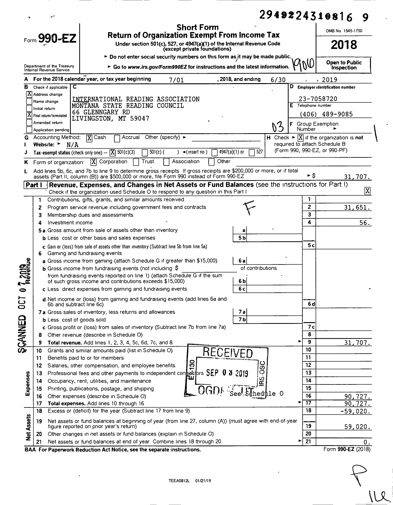 Image of first page of 2018 Form 990EZ for International Reading Association Montana State Reading Council