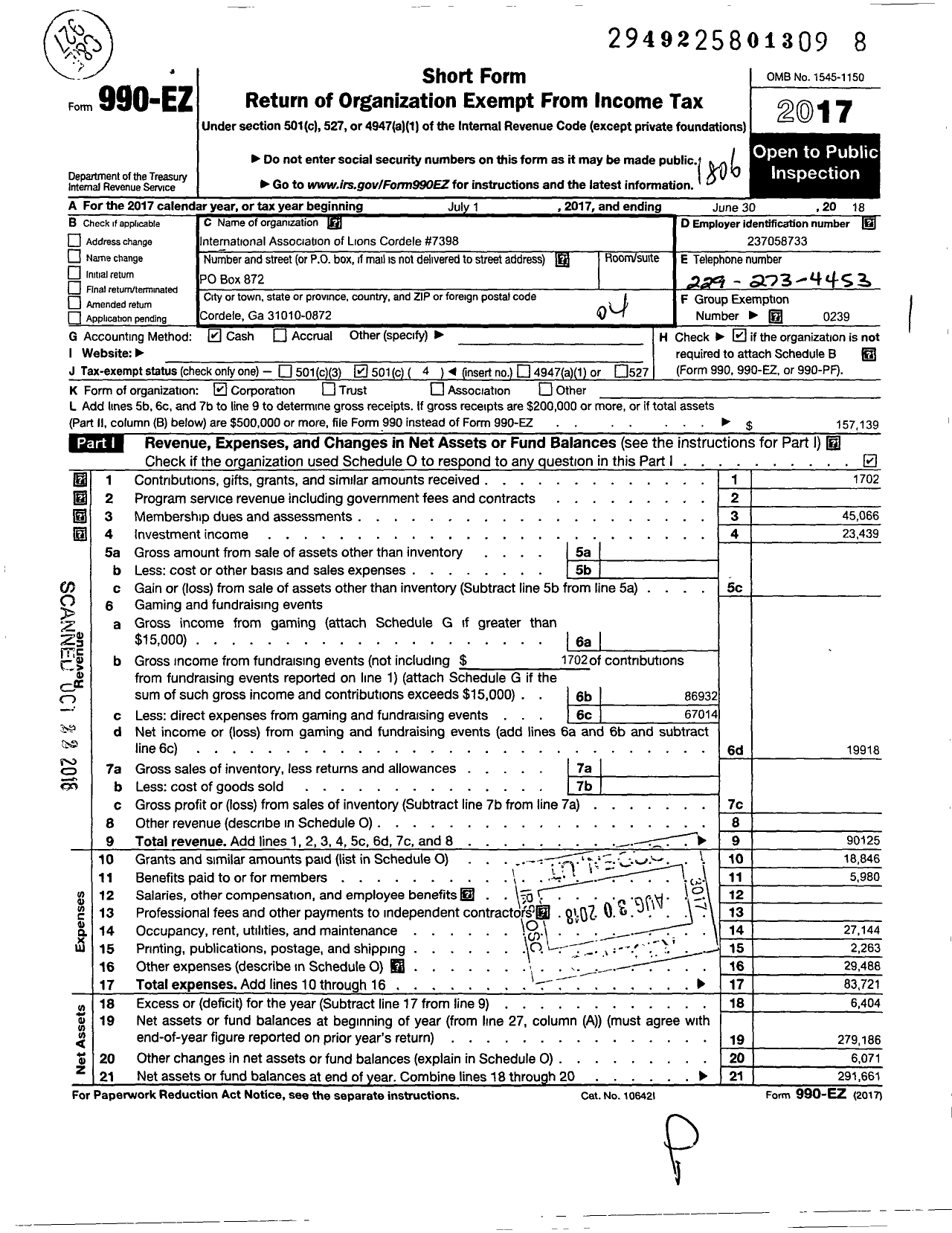 Image of first page of 2017 Form 990EO for Lions Clubs - 7398 Cordele