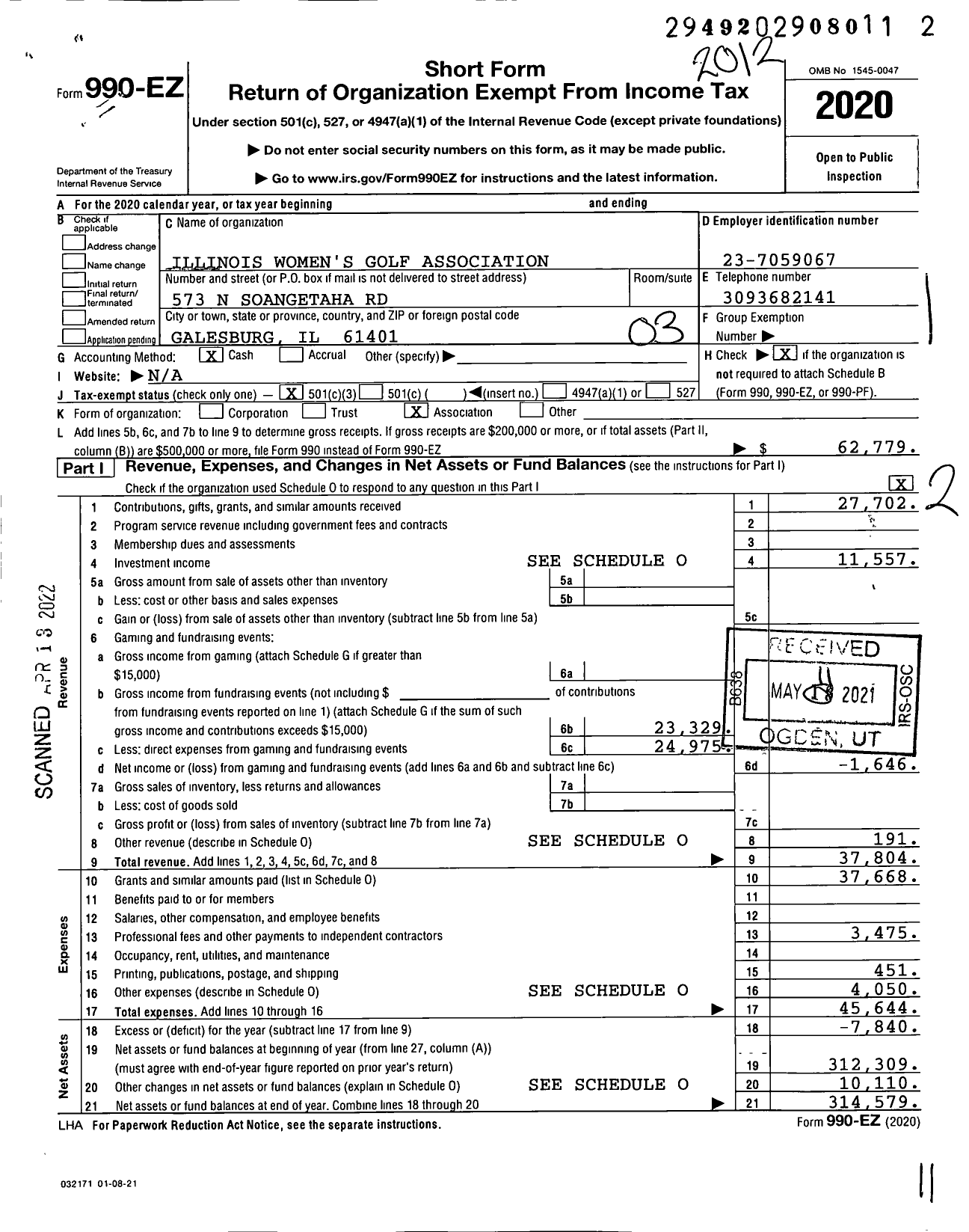 Image of first page of 2020 Form 990EZ for Illinois Women's Golf Association