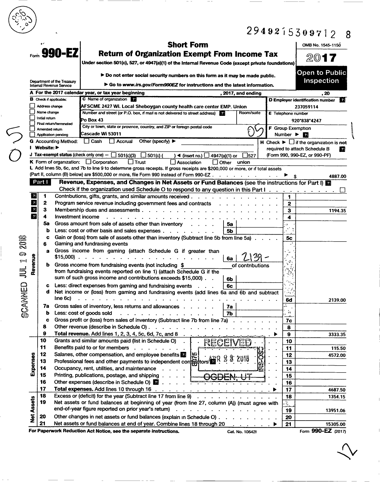 Image of first page of 2017 Form 990EO for American Federation of State County & Municipal Employees - L2427wi Sheboygan Co Health Care CT