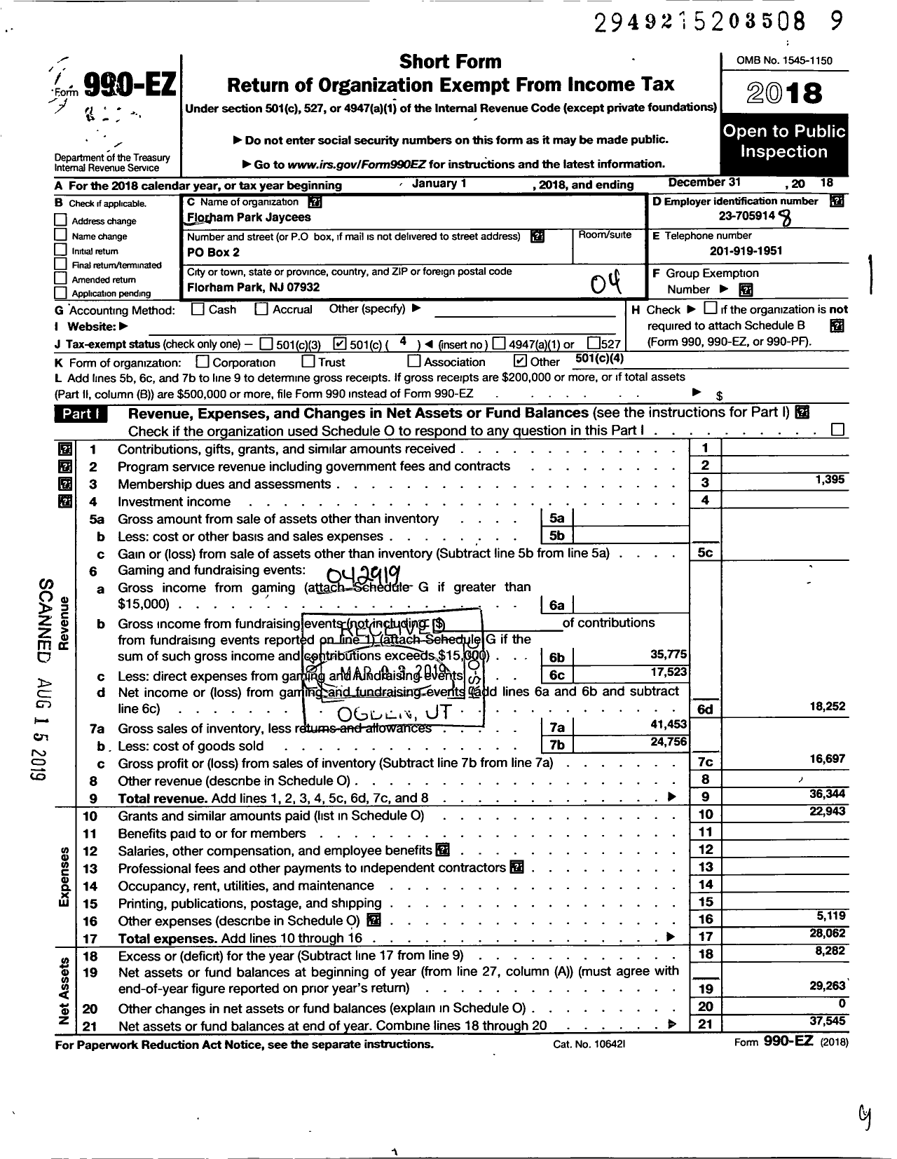 Image of first page of 2018 Form 990EO for Florham Park Jaycees