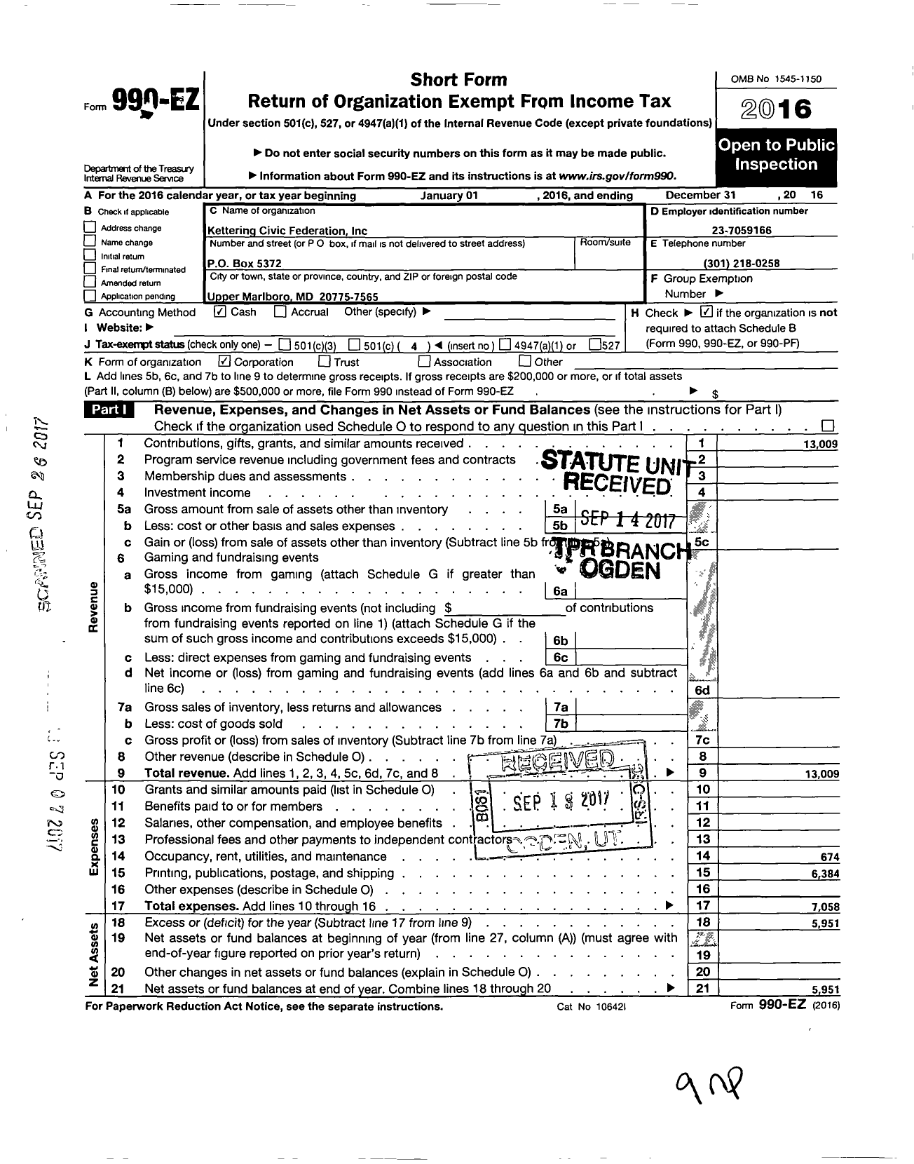 Image of first page of 2016 Form 990EO for Kettering Civic Federation