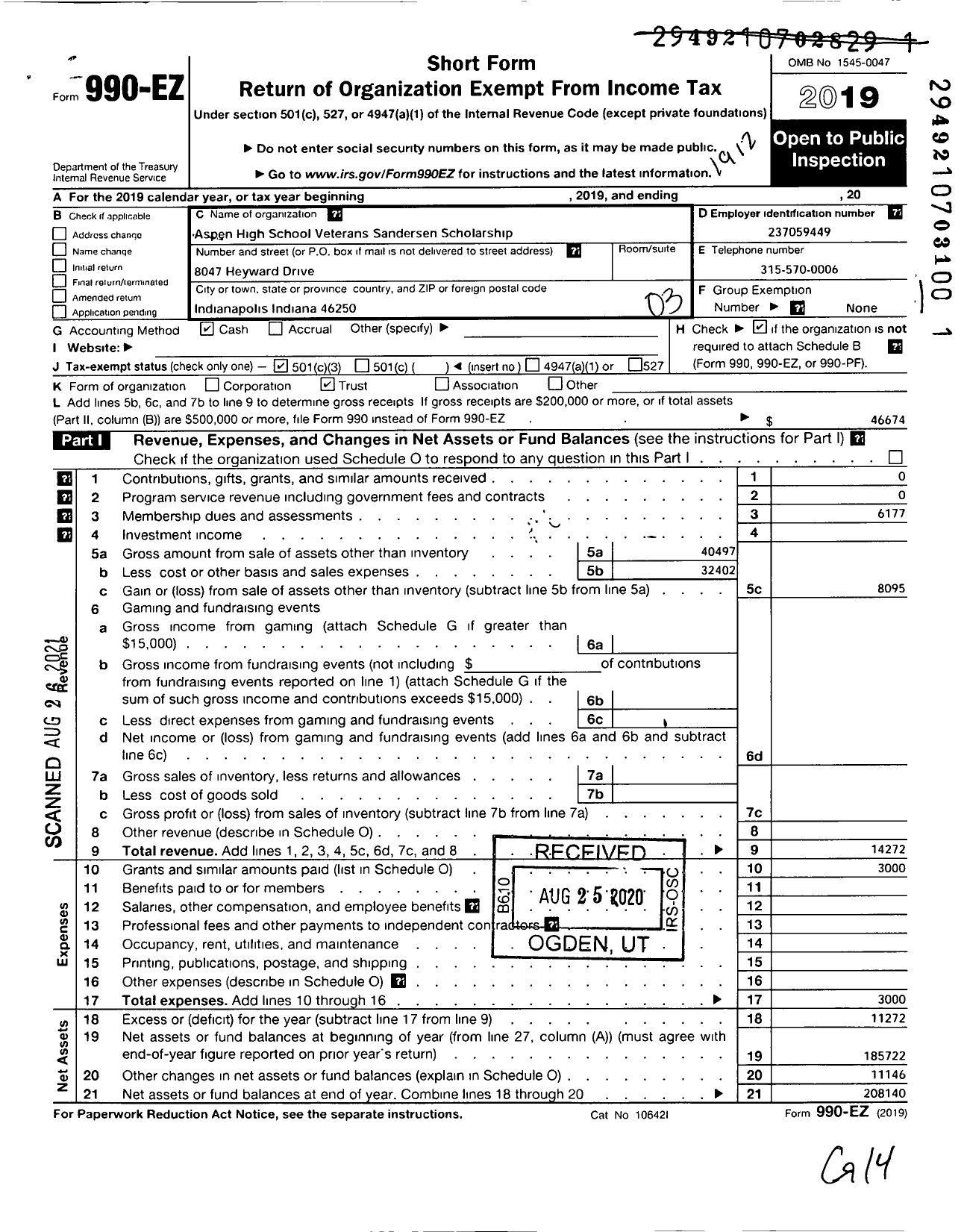 Image of first page of 2019 Form 990EZ for William Leonard Sanderson Scholarship Fund of Aspen High School