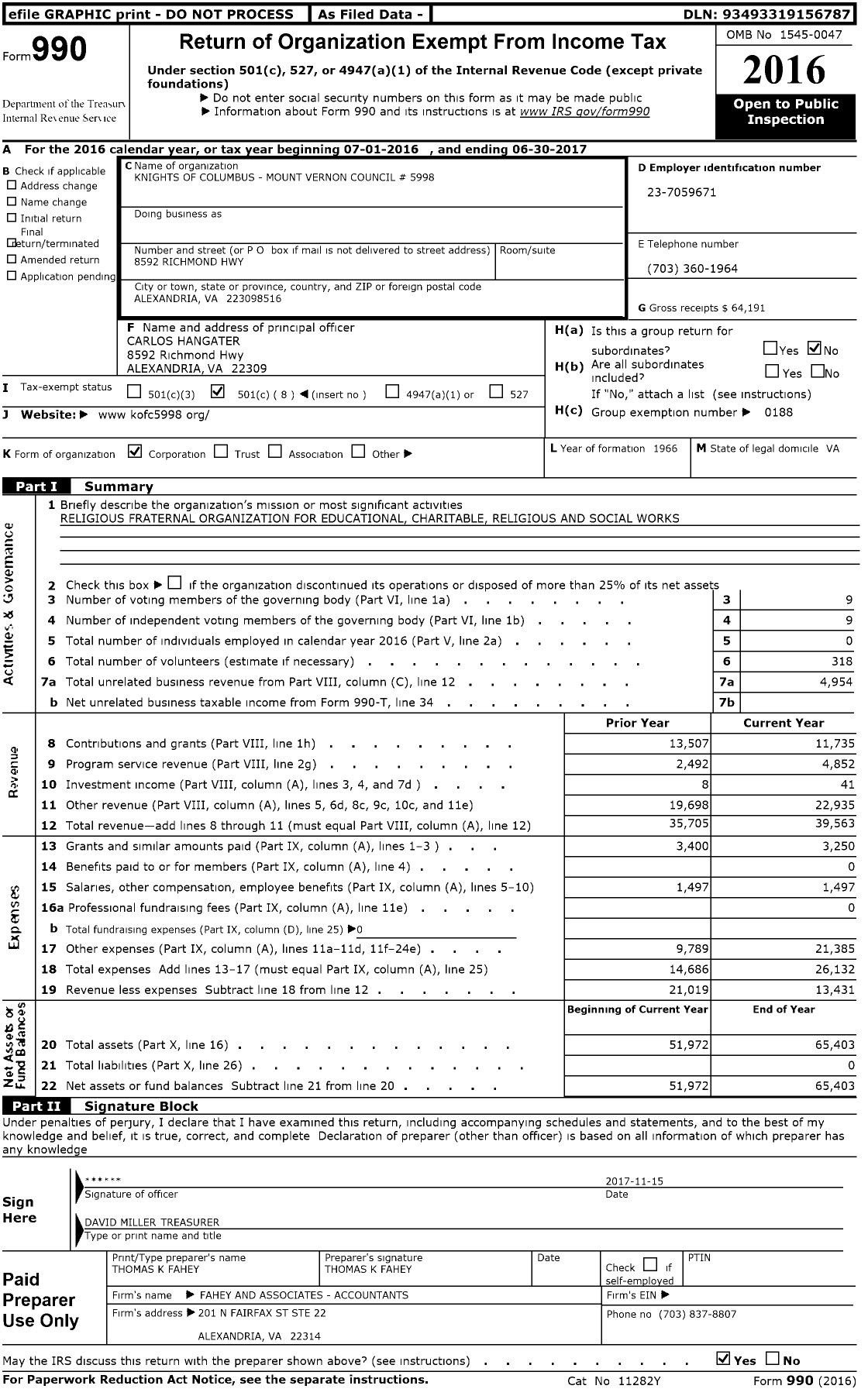 Image of first page of 2016 Form 990O for Knights of Columbus Mount Vernon Council # 5998