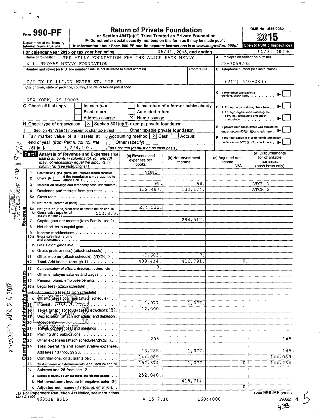 Image of first page of 2015 Form 990PF for The Melly Foundation