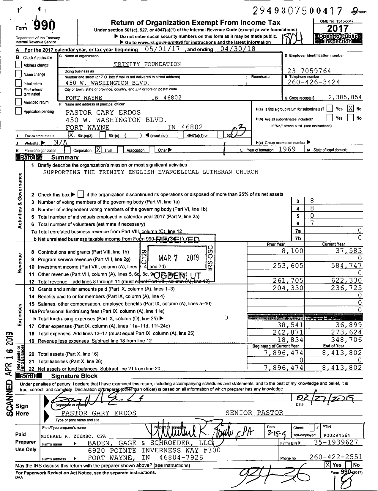 Image of first page of 2017 Form 990 for Trinity Foundation