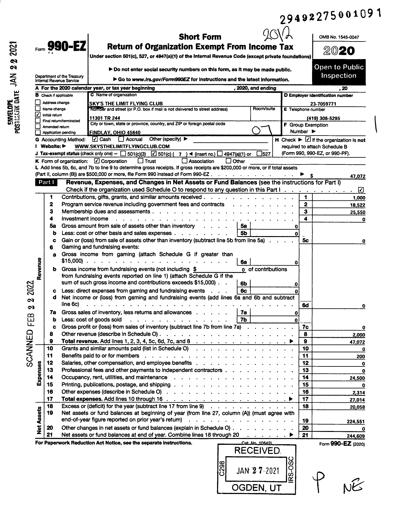 Image of first page of 2020 Form 990EO for Skys the Limit Flying Club