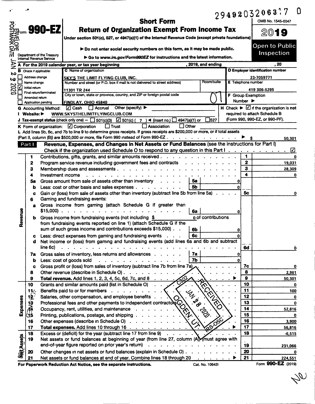 Image of first page of 2019 Form 990EO for Skys the Limit Flying Club