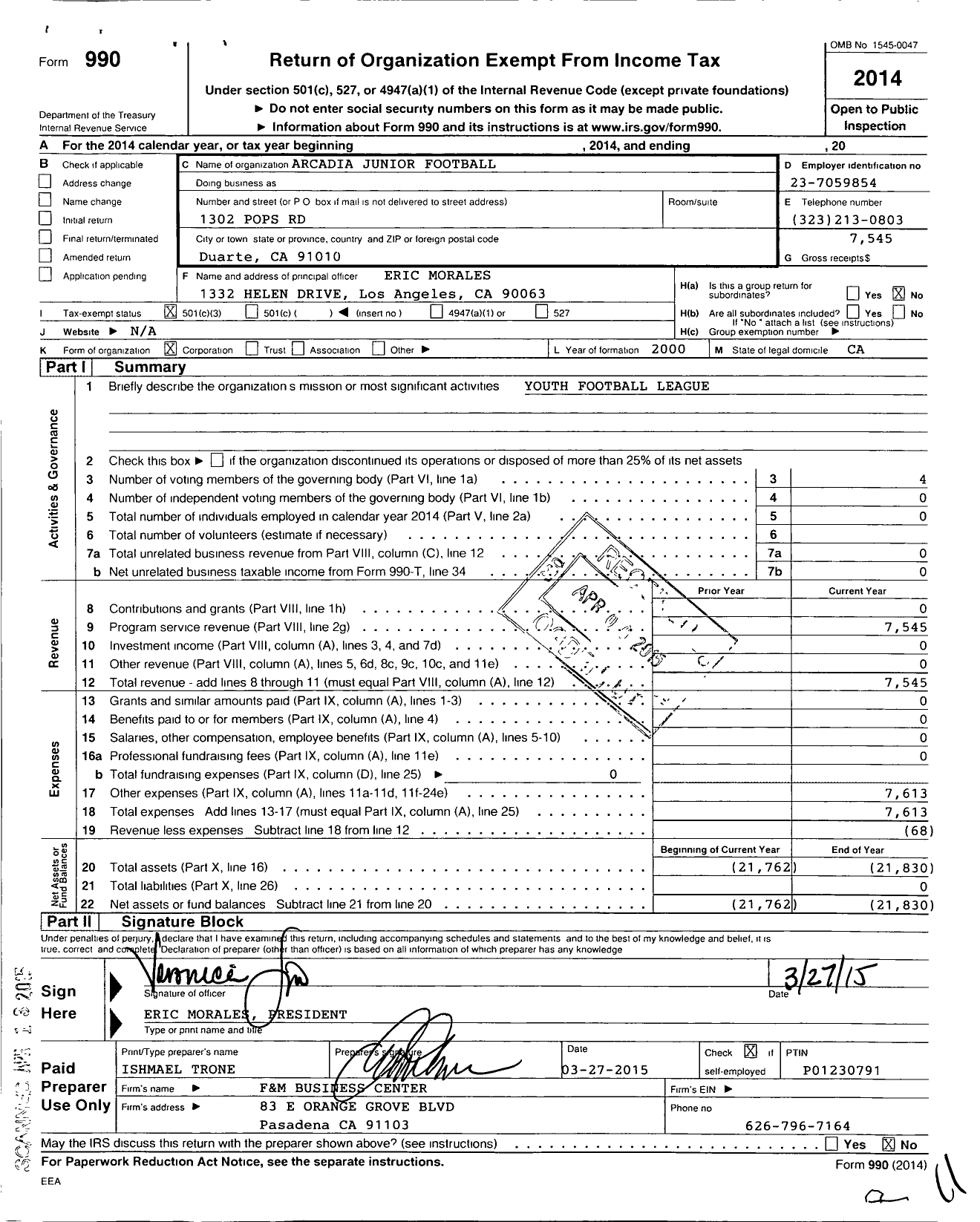 Image of first page of 2014 Form 990 for Arcadia Junior Football Incorporate