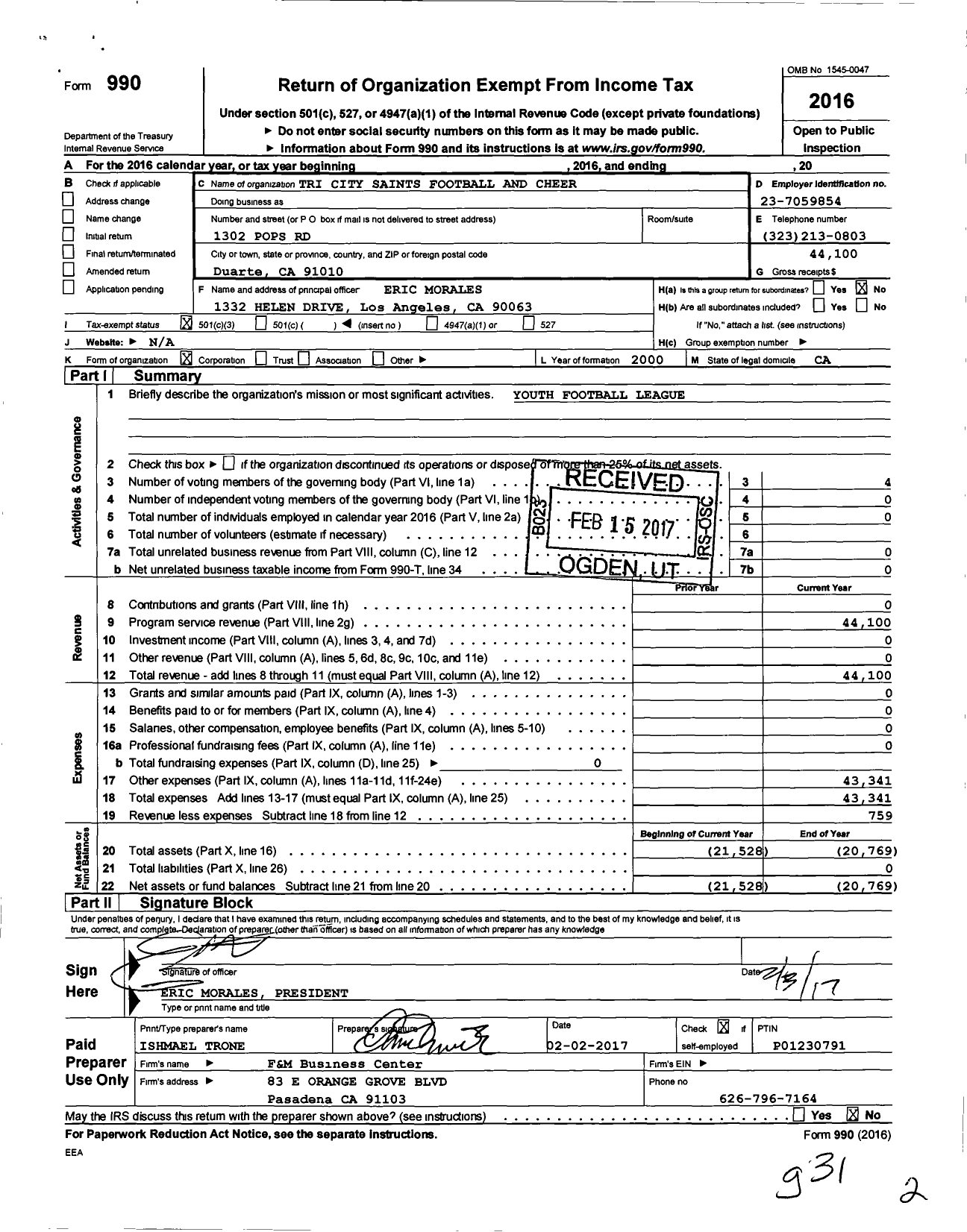 Image of first page of 2016 Form 990 for Arcadia Junior Football Incorporate