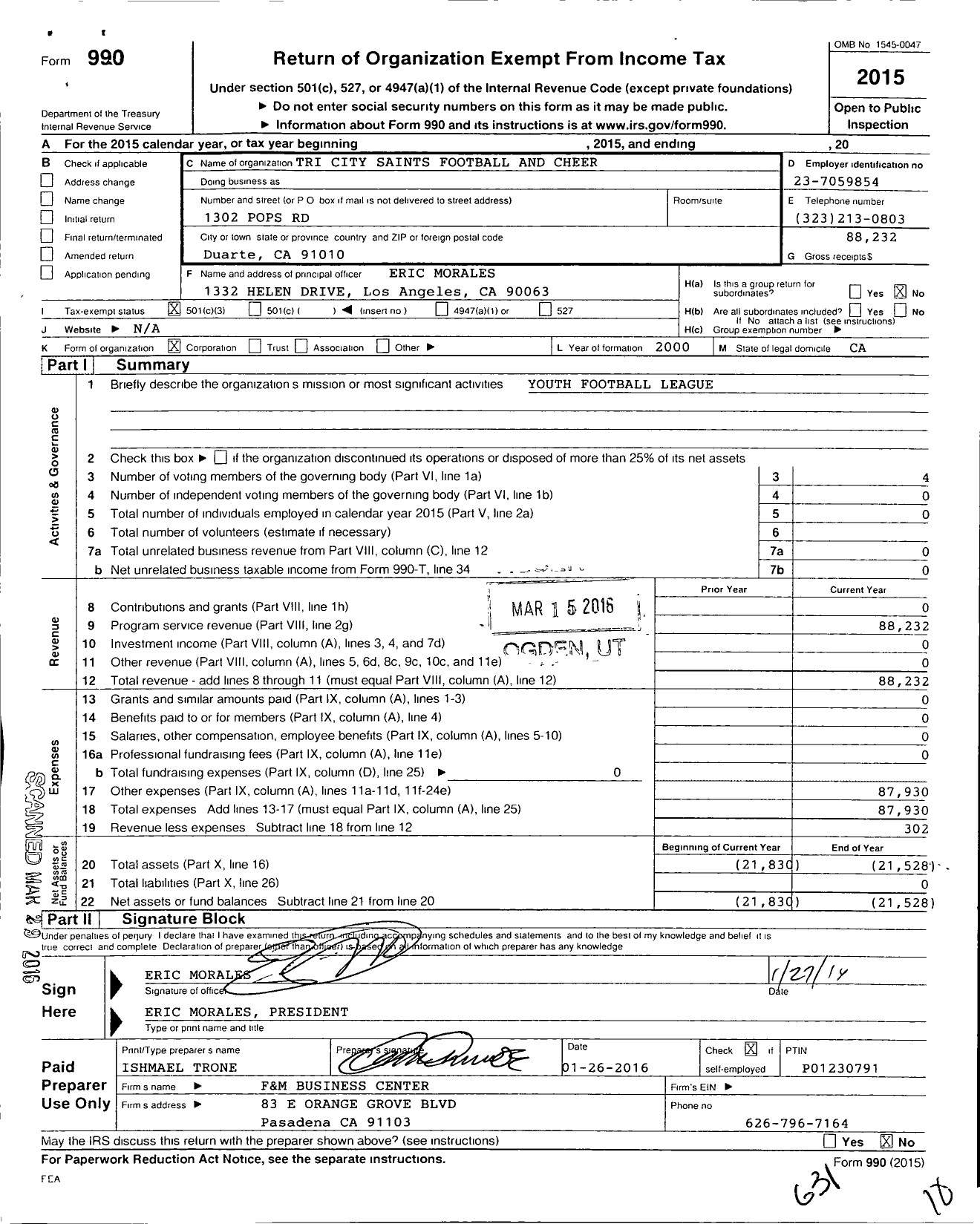 Image of first page of 2015 Form 990 for Arcadia Junior Football Incorporate