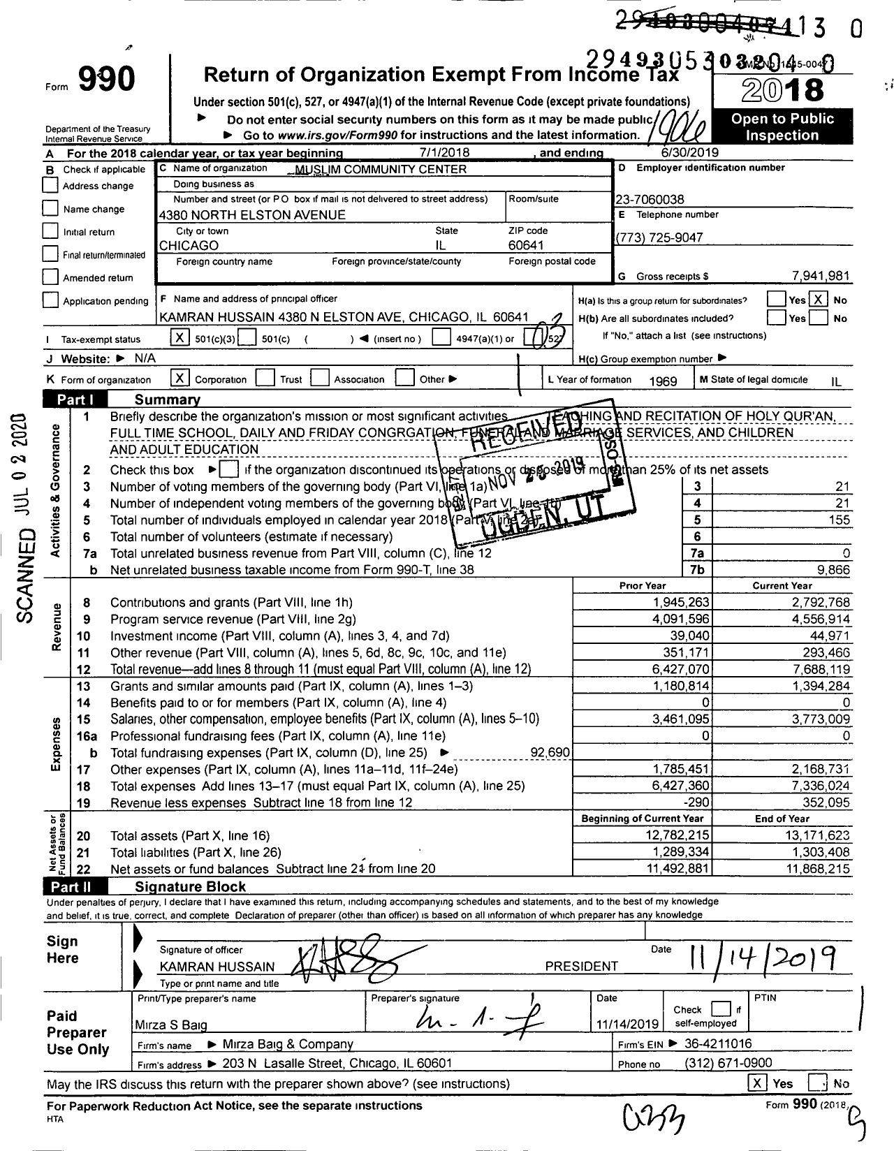 Image of first page of 2018 Form 990 for Muslim Community Center (MCC)